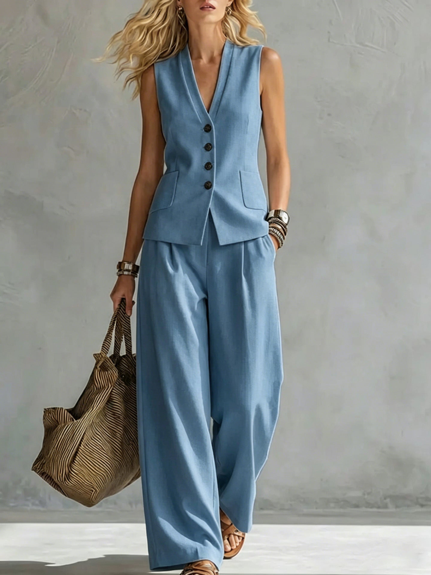 Conjunto de top sin mangas y pantalón largo de lino liso para mujer