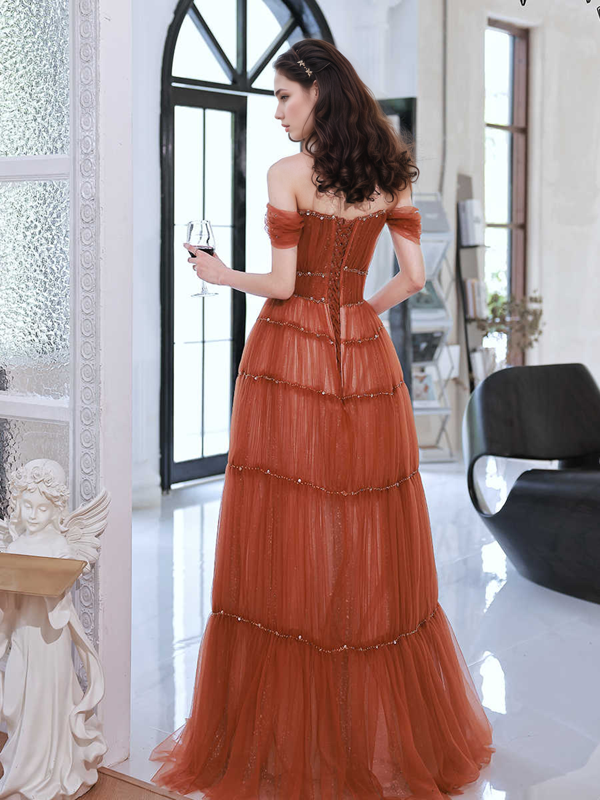Tiered Tulle Off-Shoulder Gown with Crystal Beading