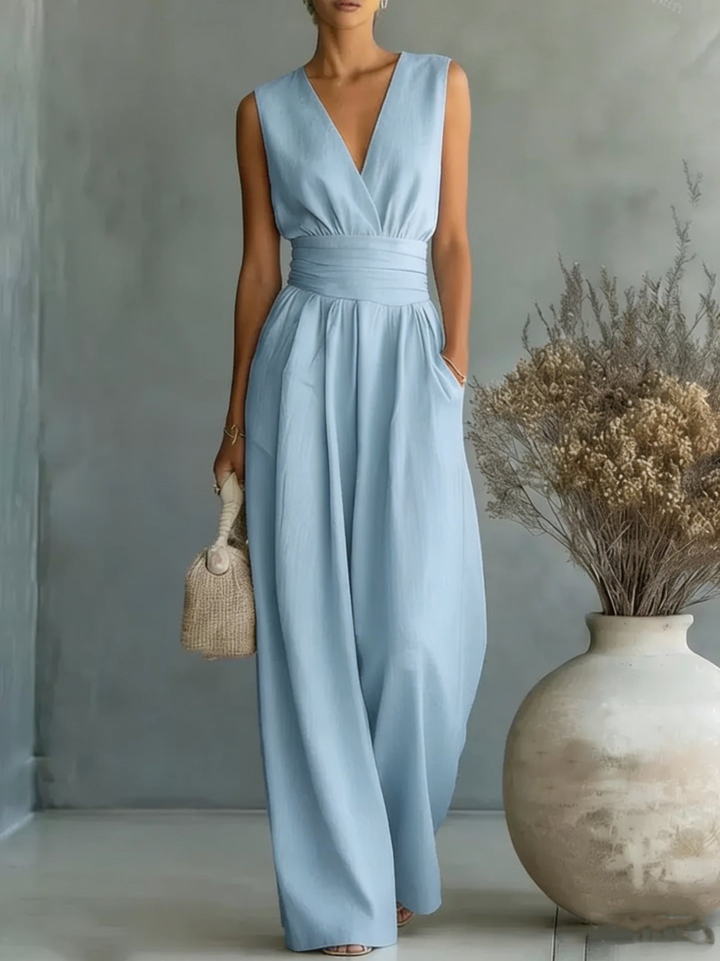 Mono elegante sin mangas con cuello en V para mujer – Pierna recta con ajuste en la cintura