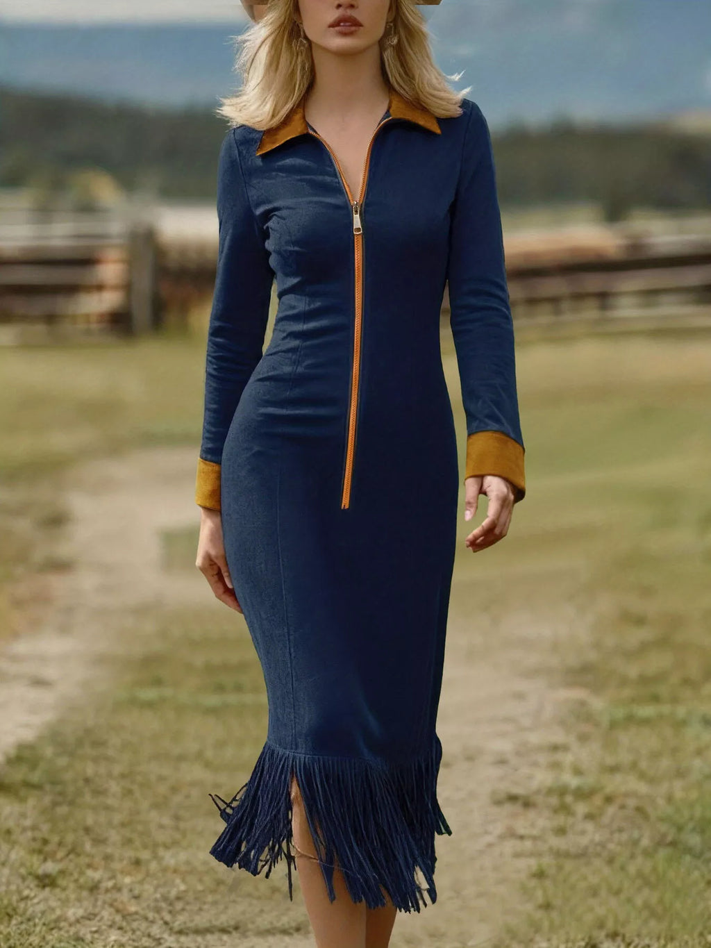 Vestido ajustado con flecos y cremallera frontal