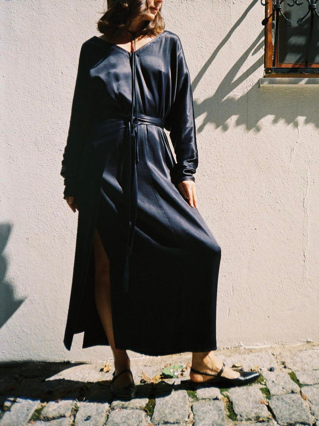 Navy Blue Satin Tie-Waist Slit Long Sleeve Maxi Dress