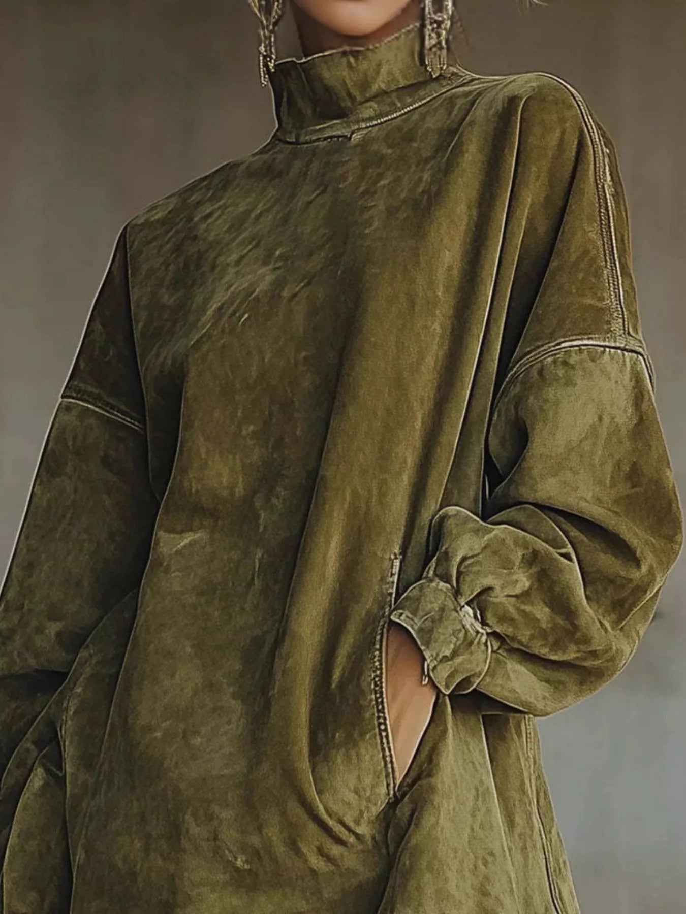 Vestido de manga larga con flecos y cuello alto