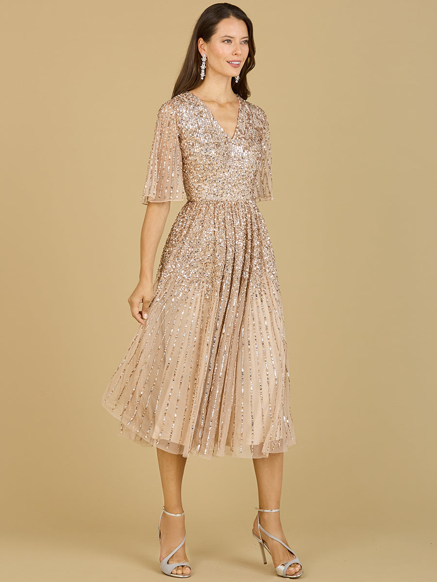 Vestido midi de lentejuelas fluidas con mangas cortas | 29221