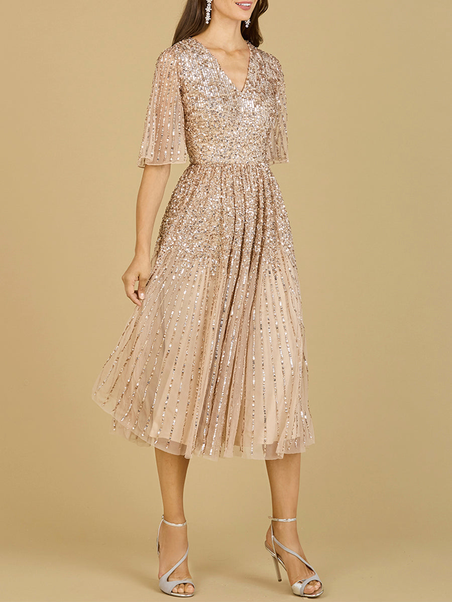 Vestido midi de lentejuelas fluidas con mangas cortas | 29221