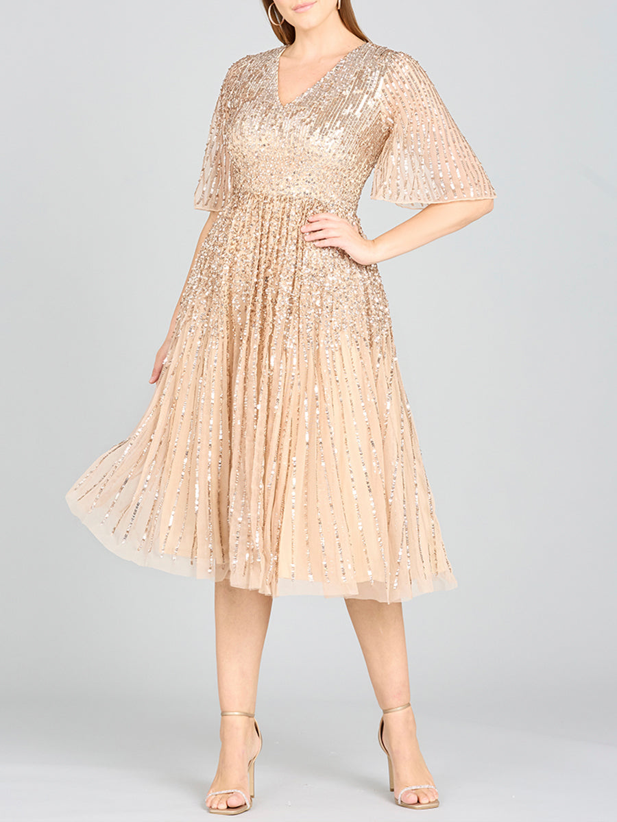 Vestido midi de lentejuelas fluidas con mangas cortas | 29221