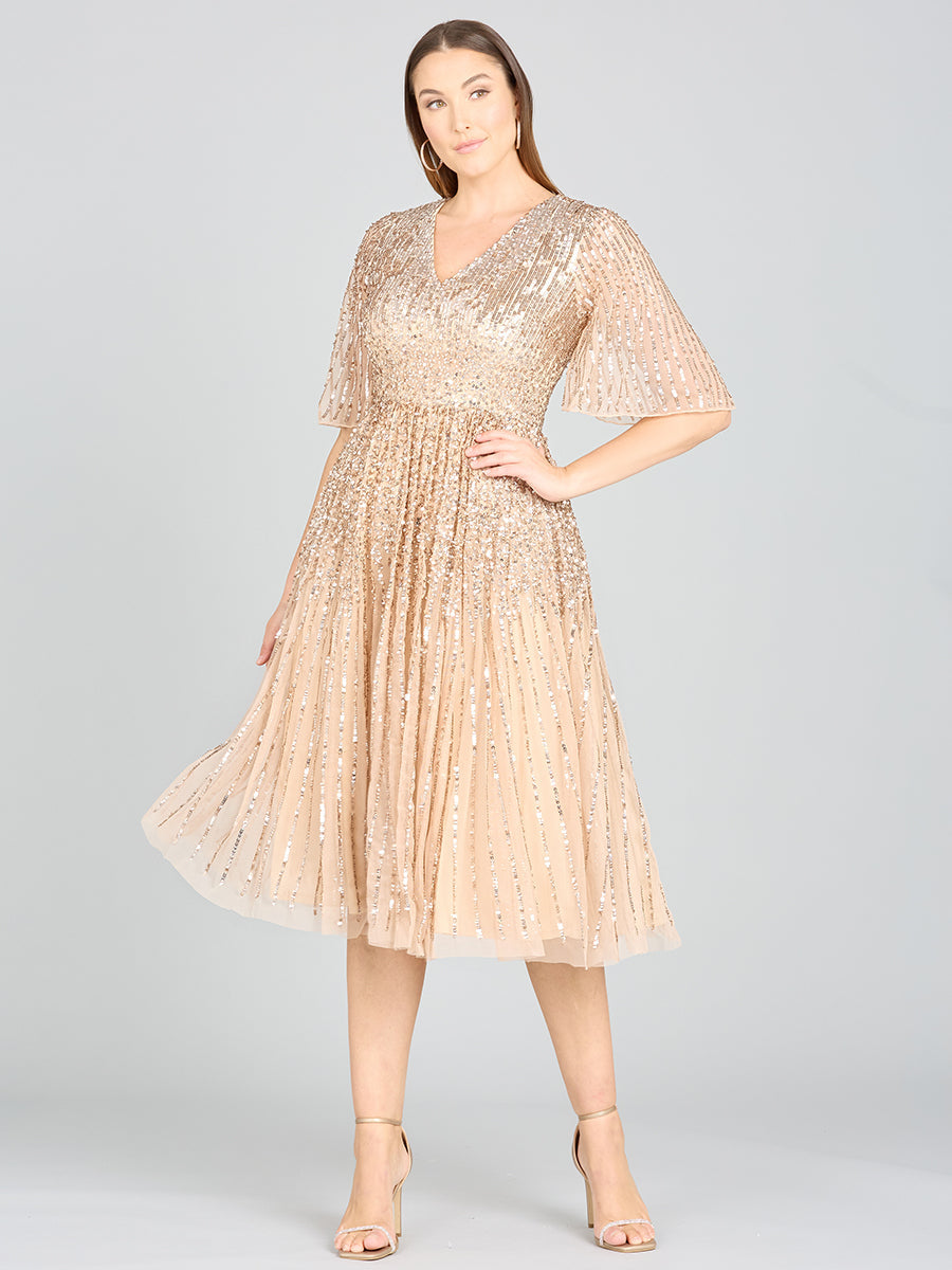Vestido midi de lentejuelas fluidas con mangas cortas | 29221