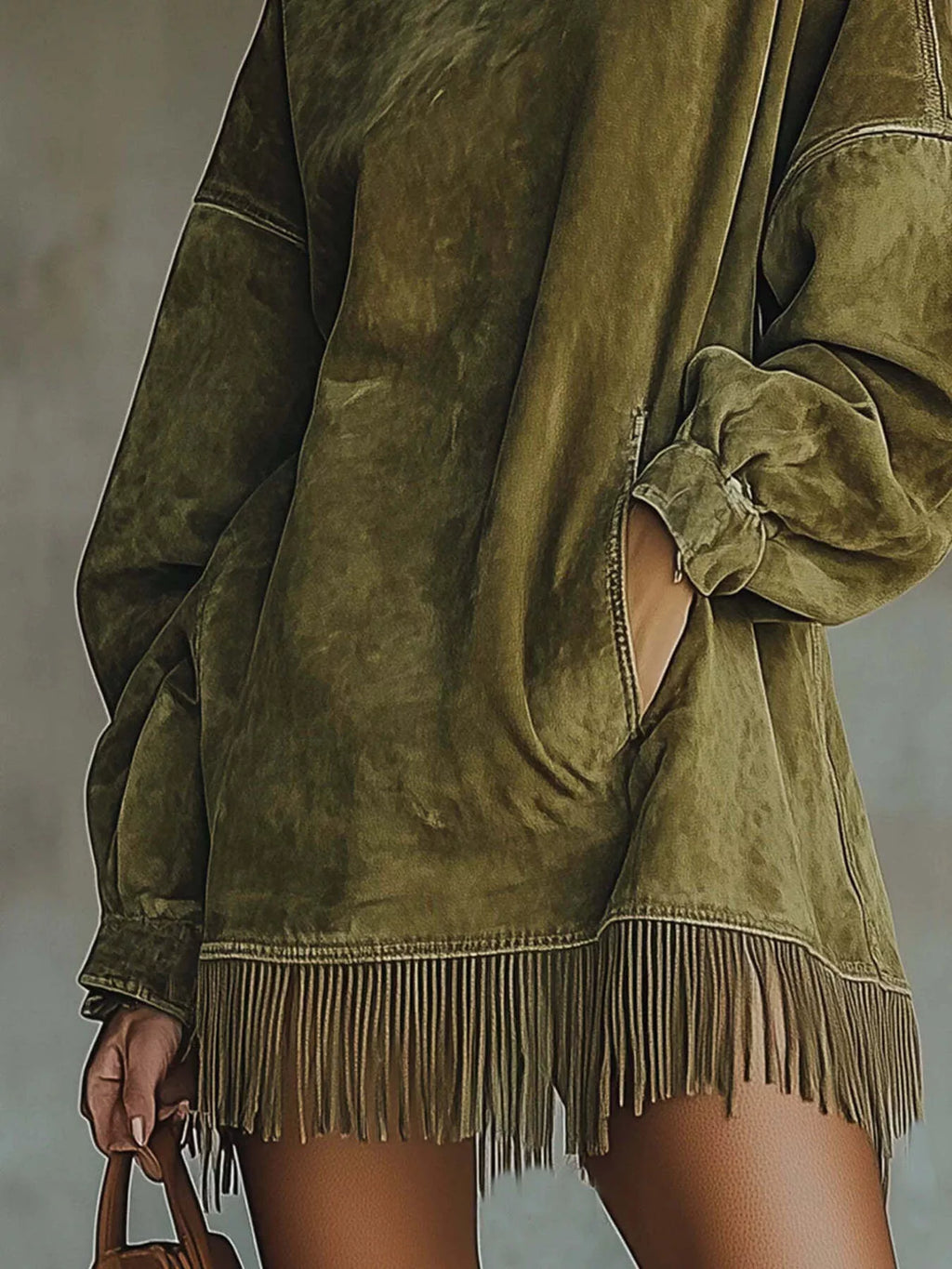 Vestido de manga larga con flecos y cuello alto