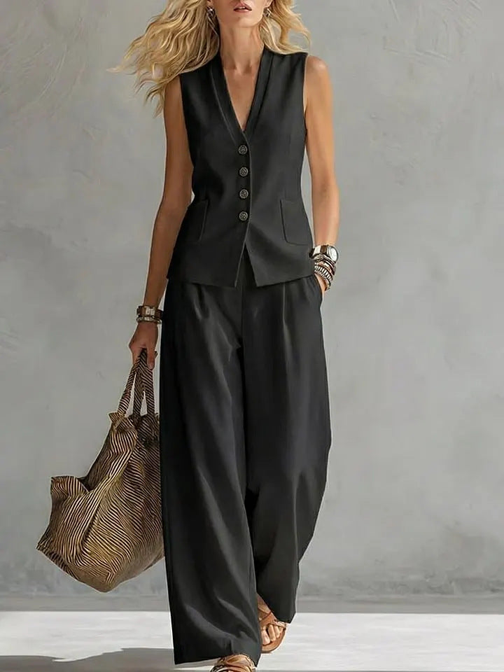 Conjunto de top sin mangas y pantalón largo de lino liso para mujer