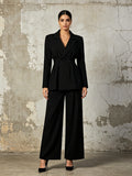 Solid-color Long-sleeve Fitted Blazer & High-waisted Straight-leg Trousers Set