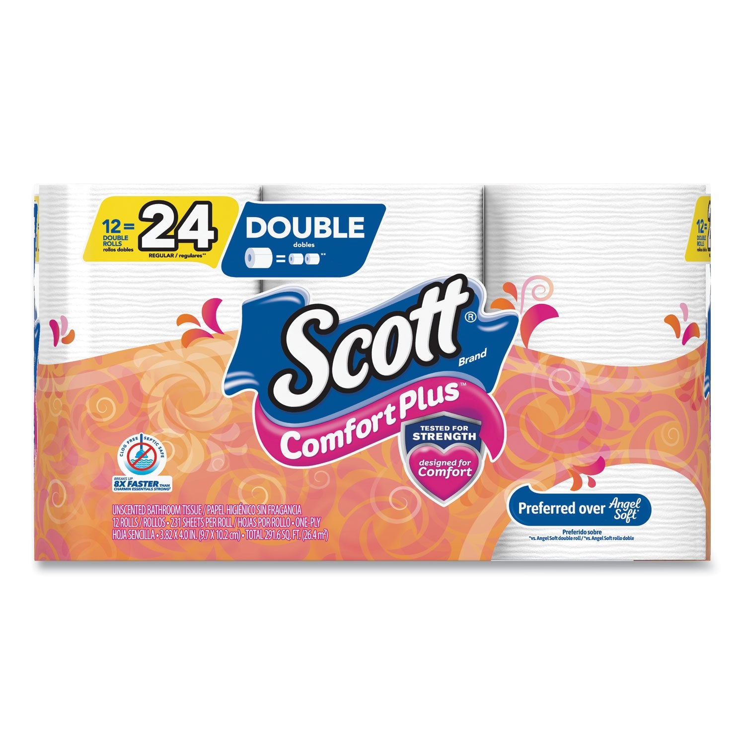 Papel higiénico Scott ComfortPlus, rollo doble, papel de baño, seguro para fosas sépticas, 1 capa, blanco, 231 hojas/rollo, 12 rollos/paquete, 4 paquetes/caja