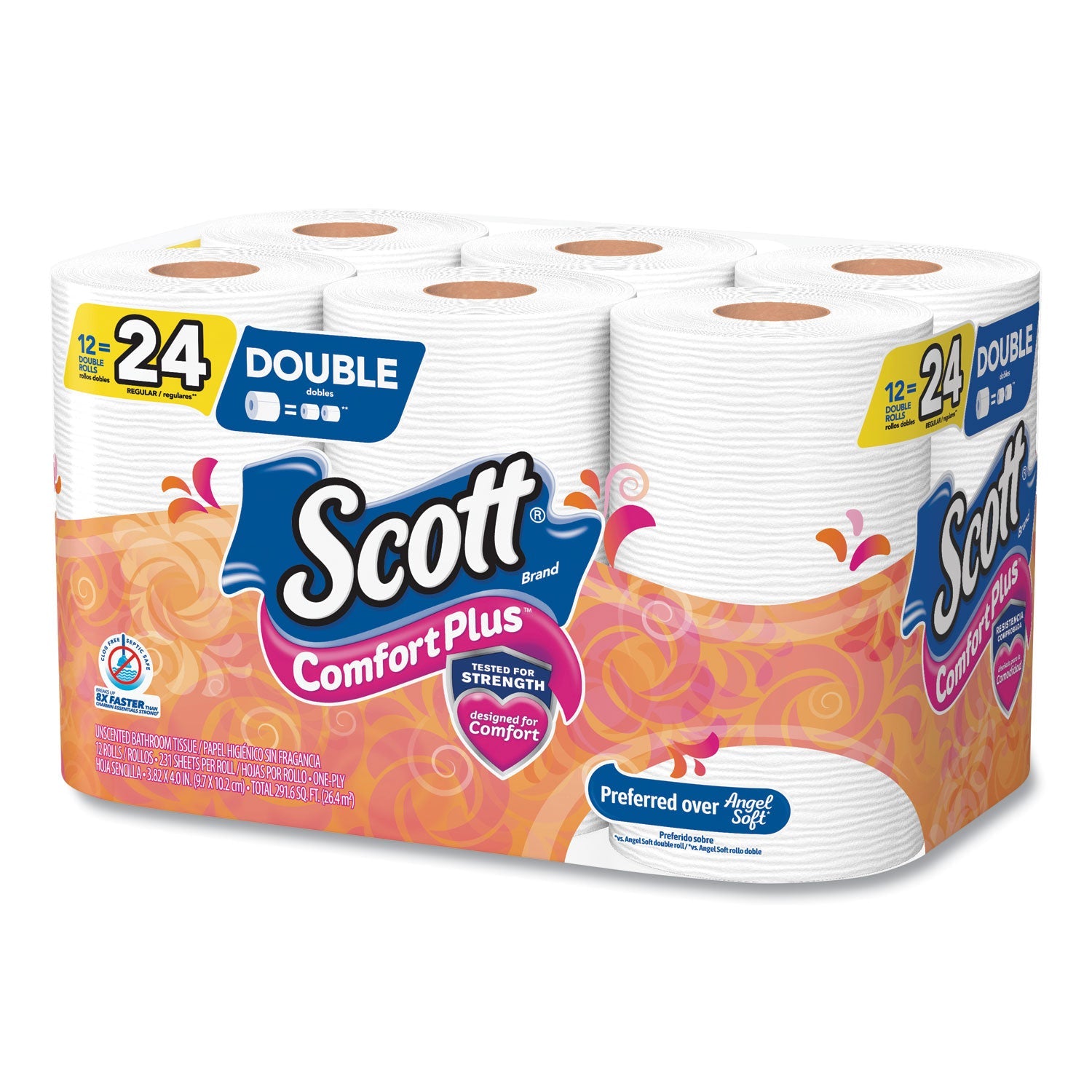 Papel higiénico Scott ComfortPlus, rollo doble, papel de baño, seguro para fosas sépticas, 1 capa, blanco, 231 hojas/rollo, 12 rollos/paquete, 4 paquetes/caja