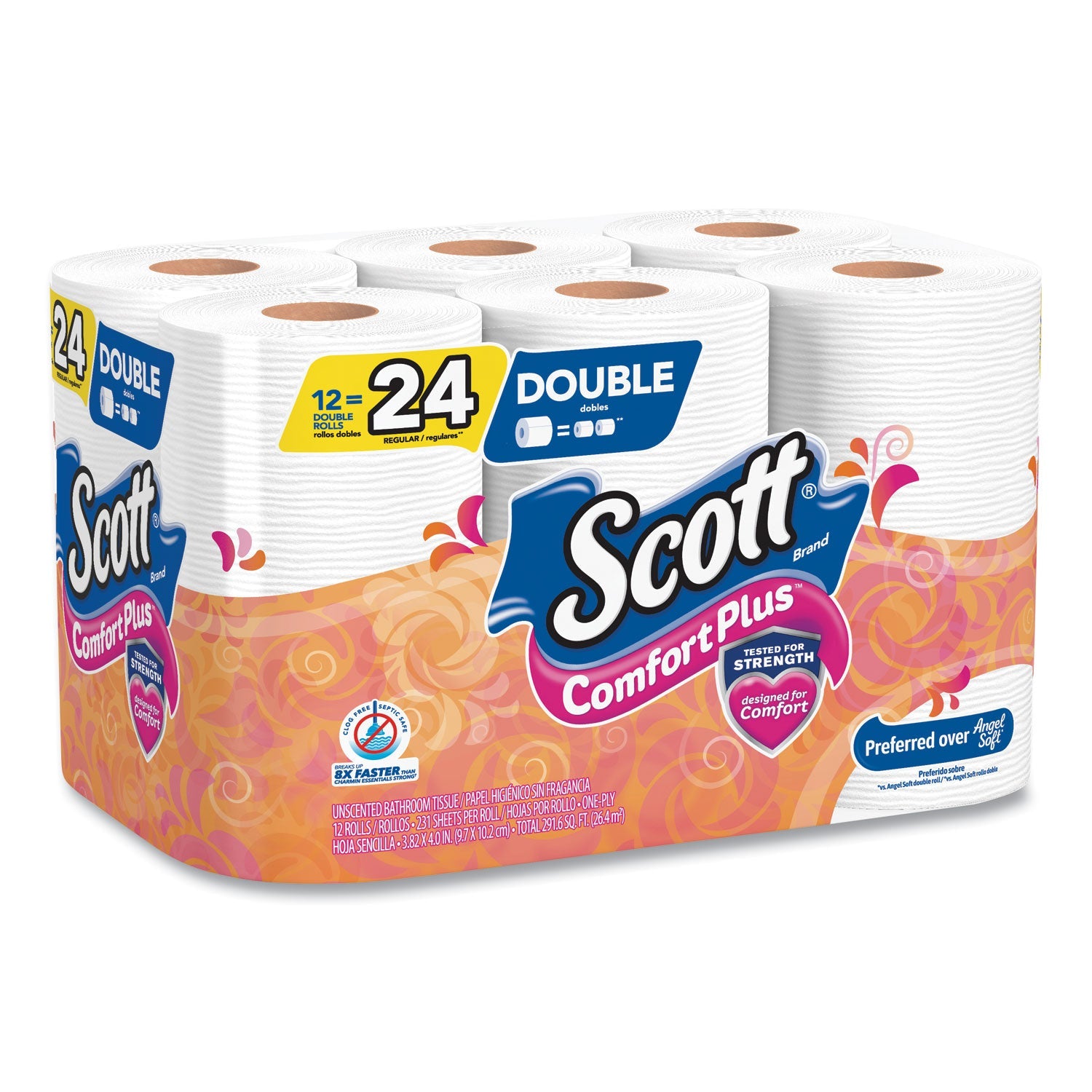 Papel higiénico Scott ComfortPlus, rollo doble, papel de baño, seguro para fosas sépticas, 1 capa, blanco, 231 hojas/rollo, 12 rollos/paquete, 4 paquetes/caja