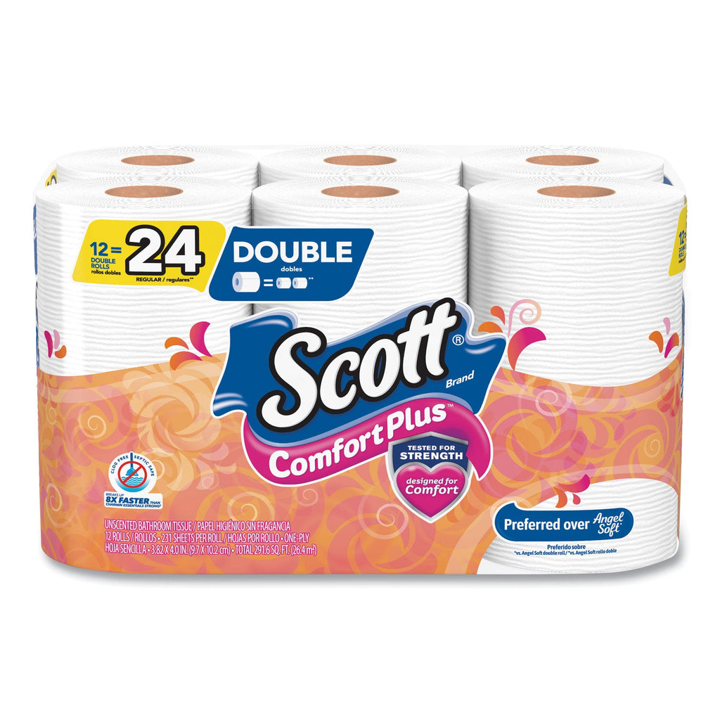 Papel higiénico Scott ComfortPlus, rollo doble, papel de baño, seguro para fosas sépticas, 1 capa, blanco, 231 hojas/rollo, 12 rollos/paquete, 4 paquetes/caja