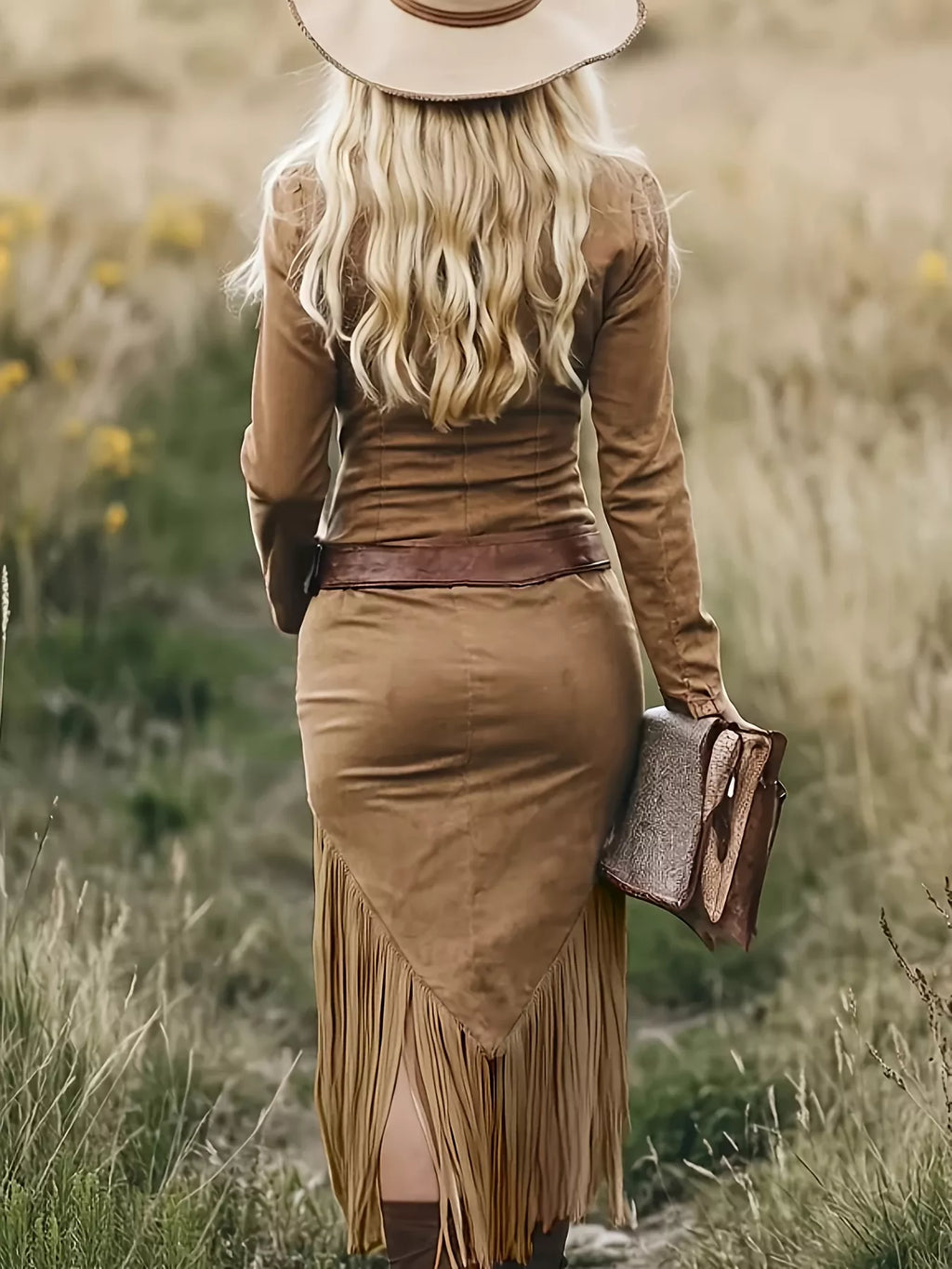 Vestido de manga larga con flecos y cremallera frontal