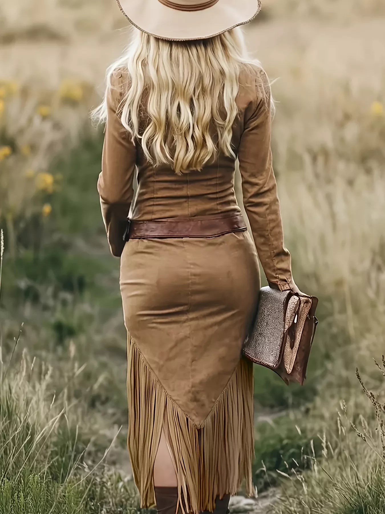 Vestido de manga larga con flecos y cremallera frontal