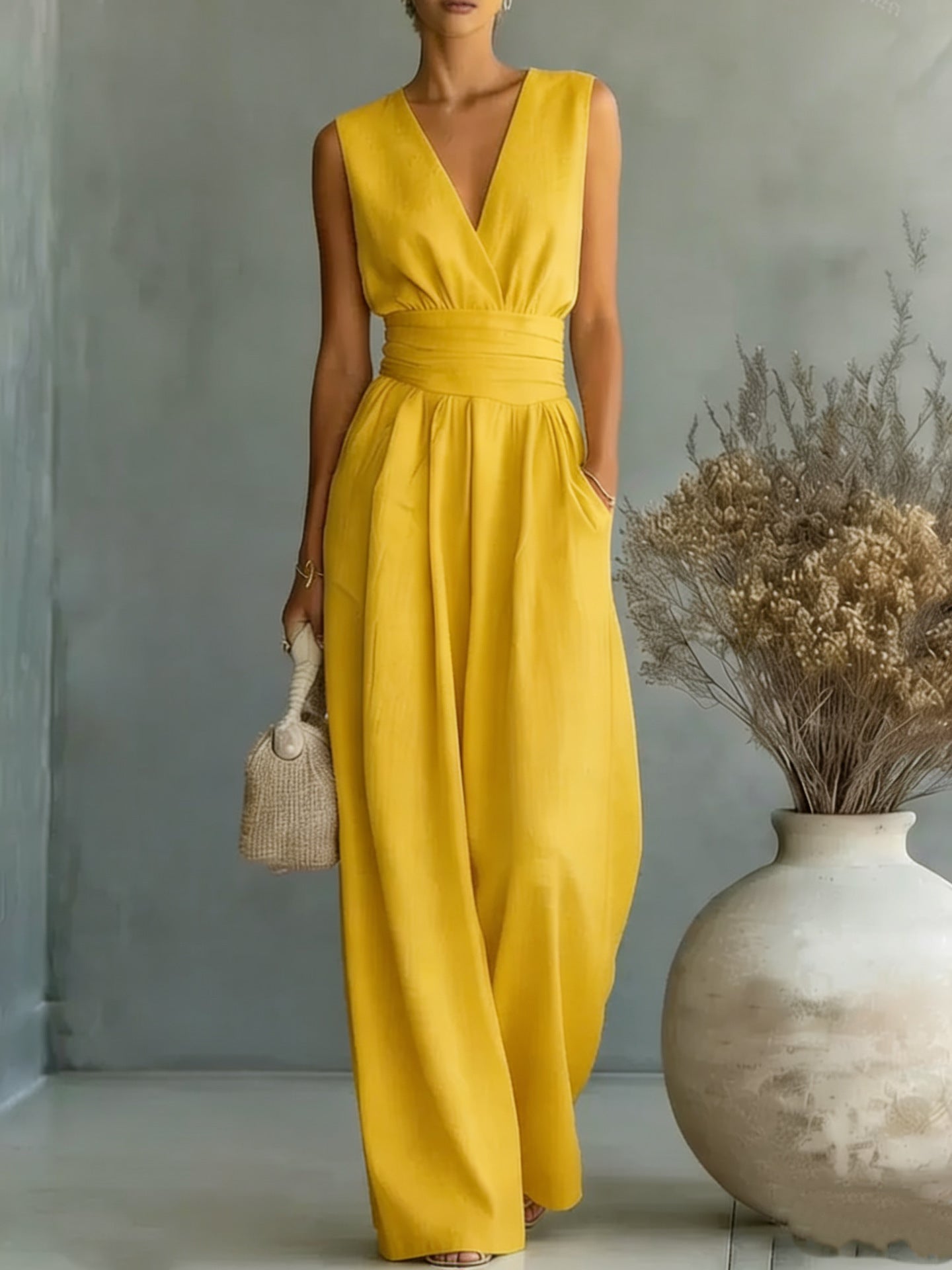 Mono elegante sin mangas con cuello en V para mujer – Pierna recta con ajuste en la cintura