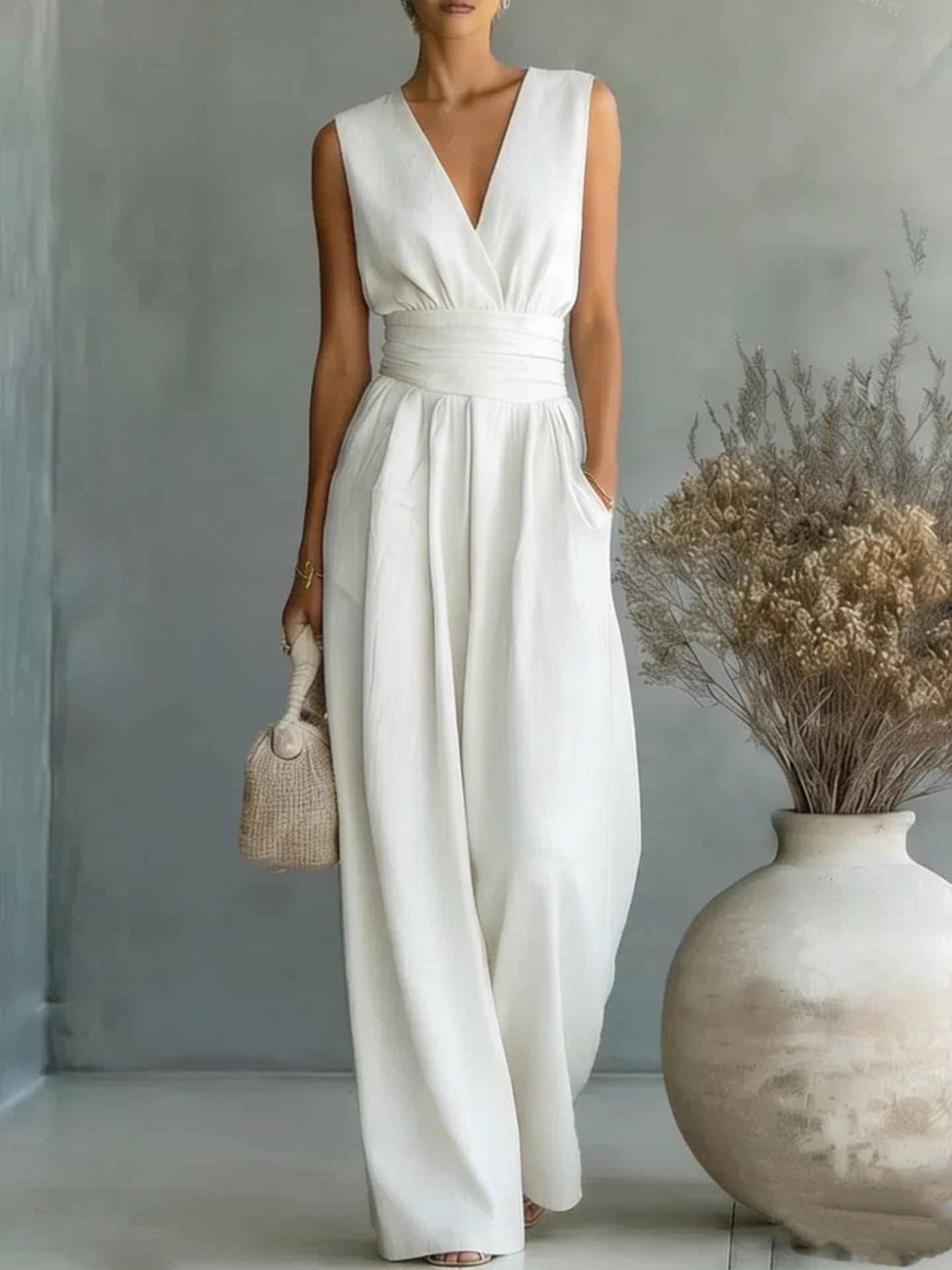 Mono elegante sin mangas con cuello en V para mujer – Pierna recta con ajuste en la cintura