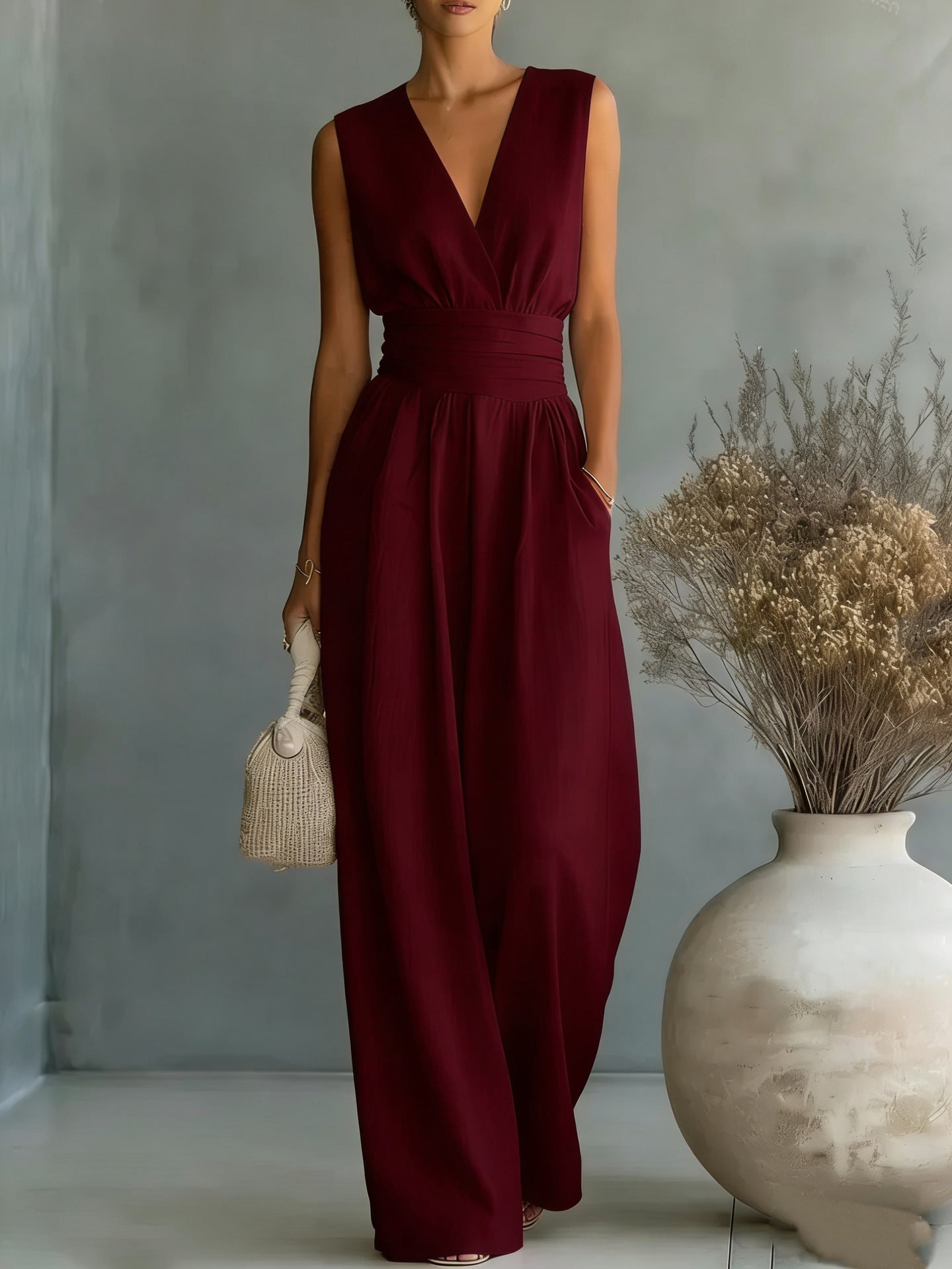 Mono elegante sin mangas con cuello en V para mujer – Pierna recta con ajuste en la cintura