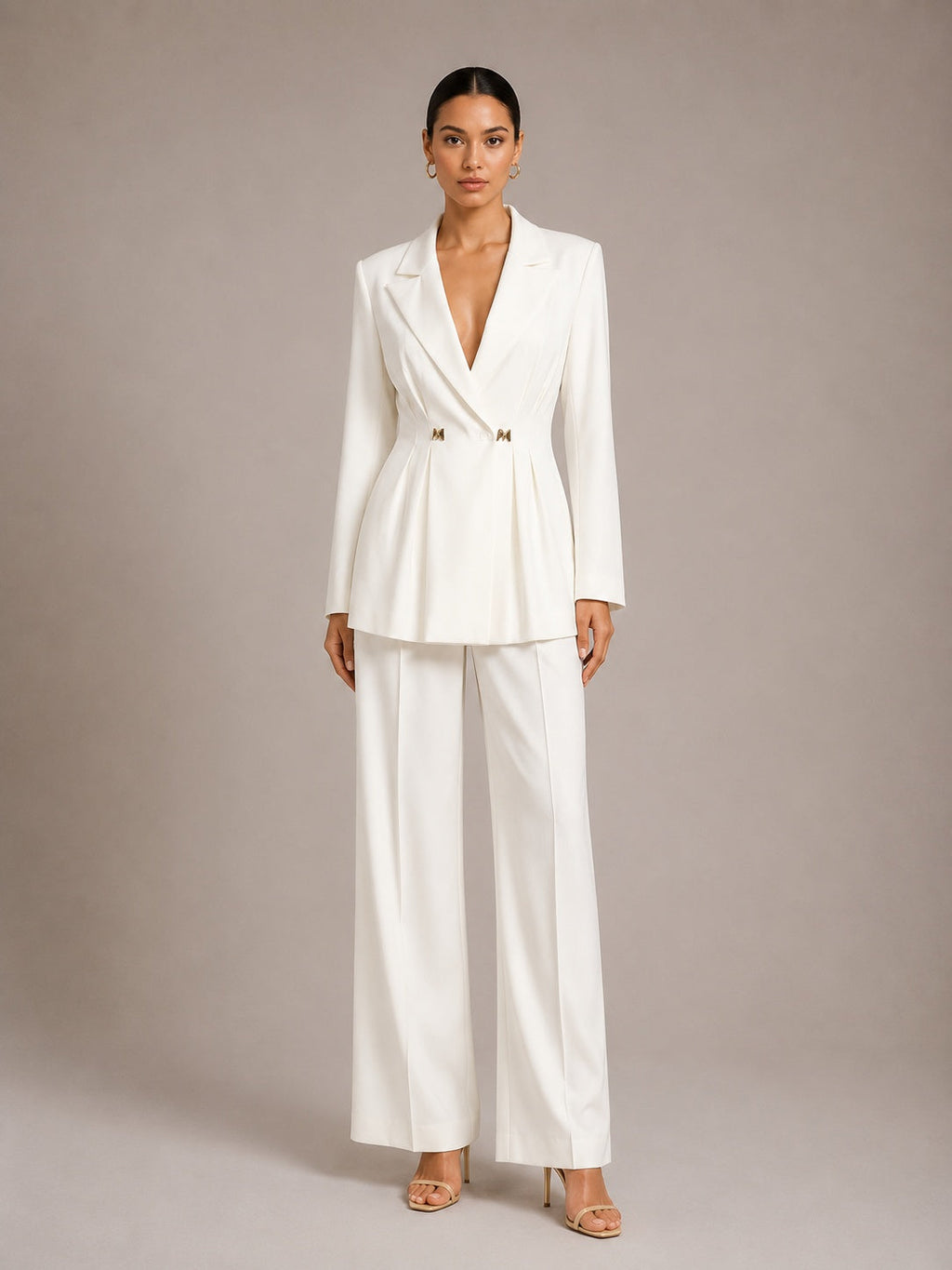 Solid-color Long-sleeve Fitted Blazer & High-waisted Straight-leg Trousers Set