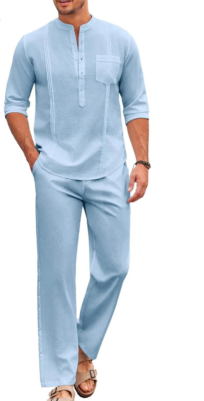 Conjuntos de algodón de 2 piezas para hombre, camisa Henley cubana informal de manga larga y conjunto de pantalones holgados, atuendos para vacaciones en la playa
