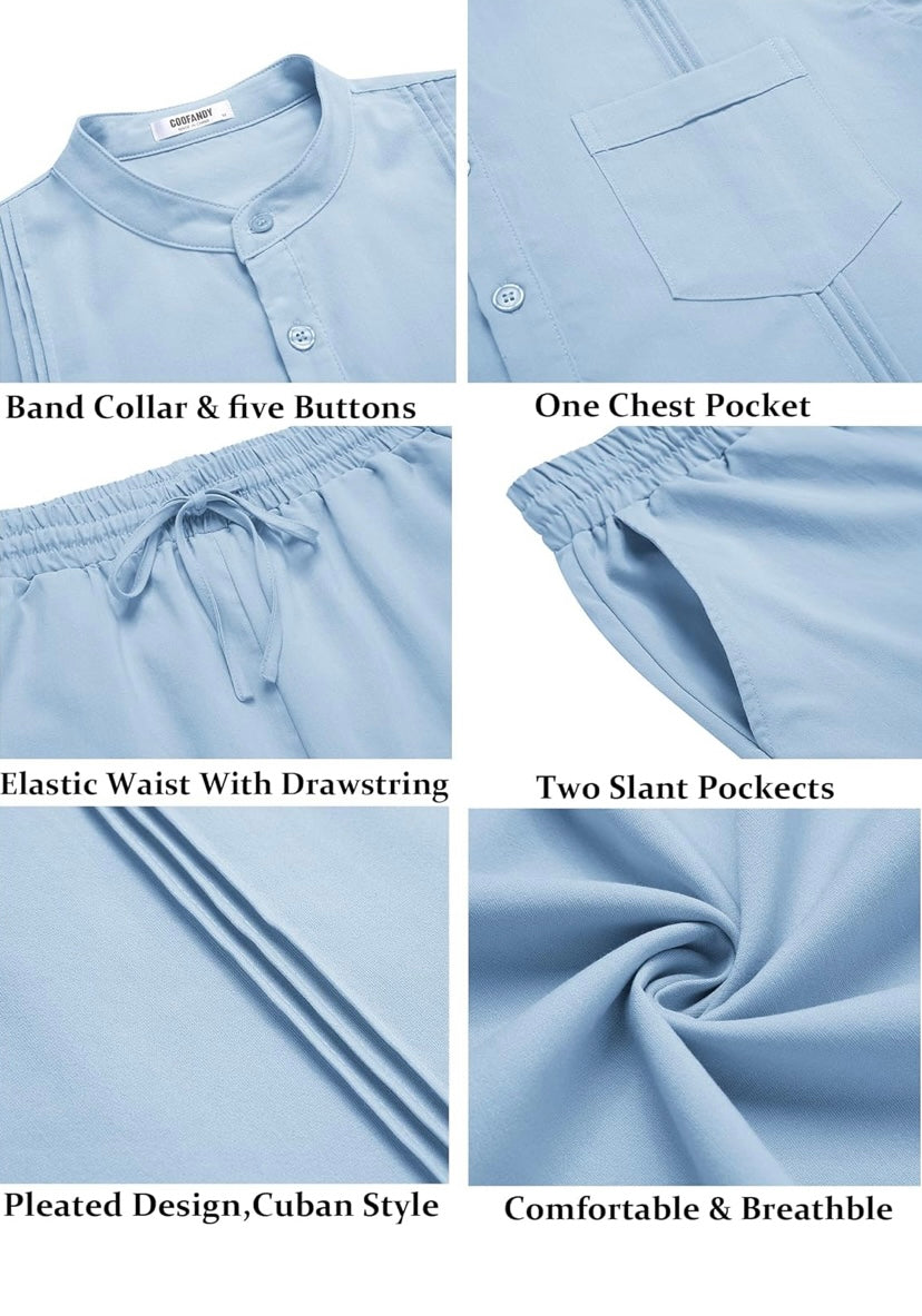 Conjuntos de algodón de 2 piezas para hombre, camisa Henley cubana informal de manga larga y conjunto de pantalones holgados, atuendos para vacaciones en la playa