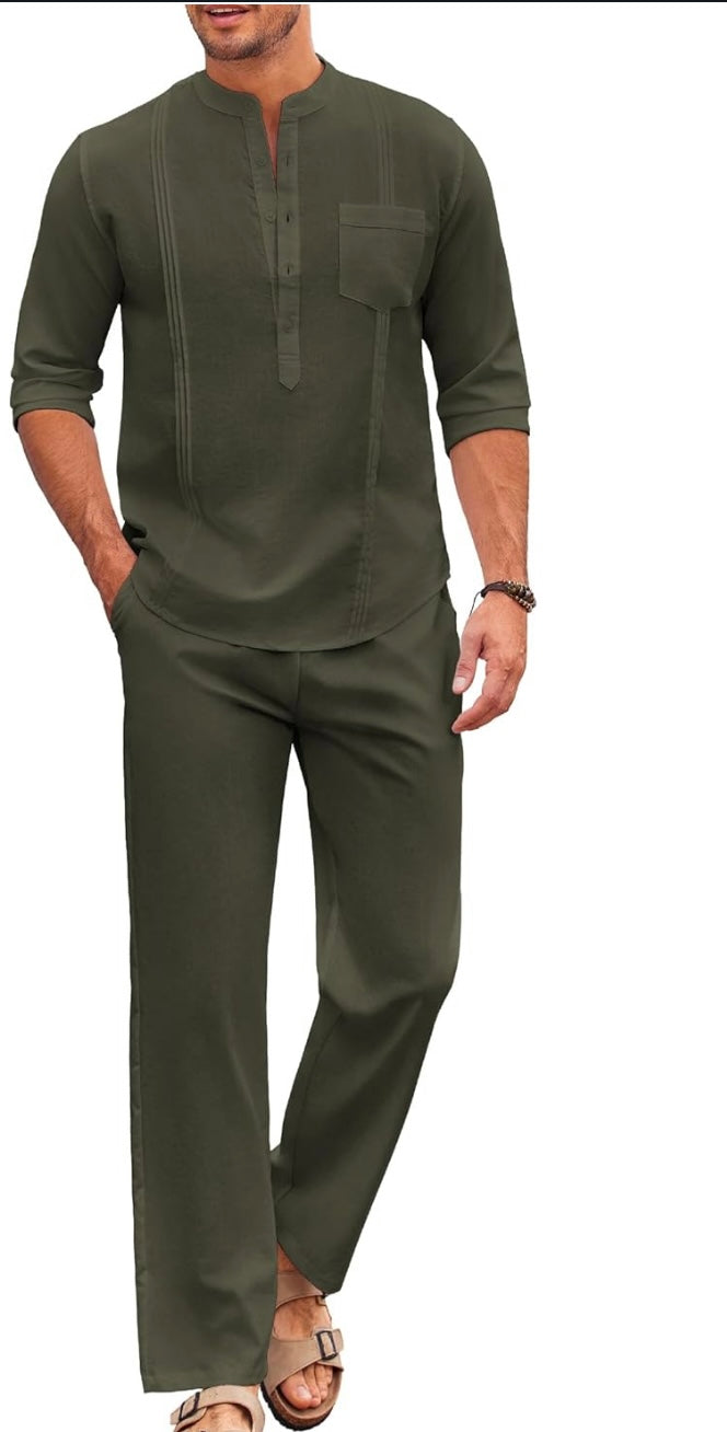 Conjuntos de algodón de 2 piezas para hombre, camisa Henley cubana informal de manga larga y conjunto de pantalones holgados, atuendos para vacaciones en la playa