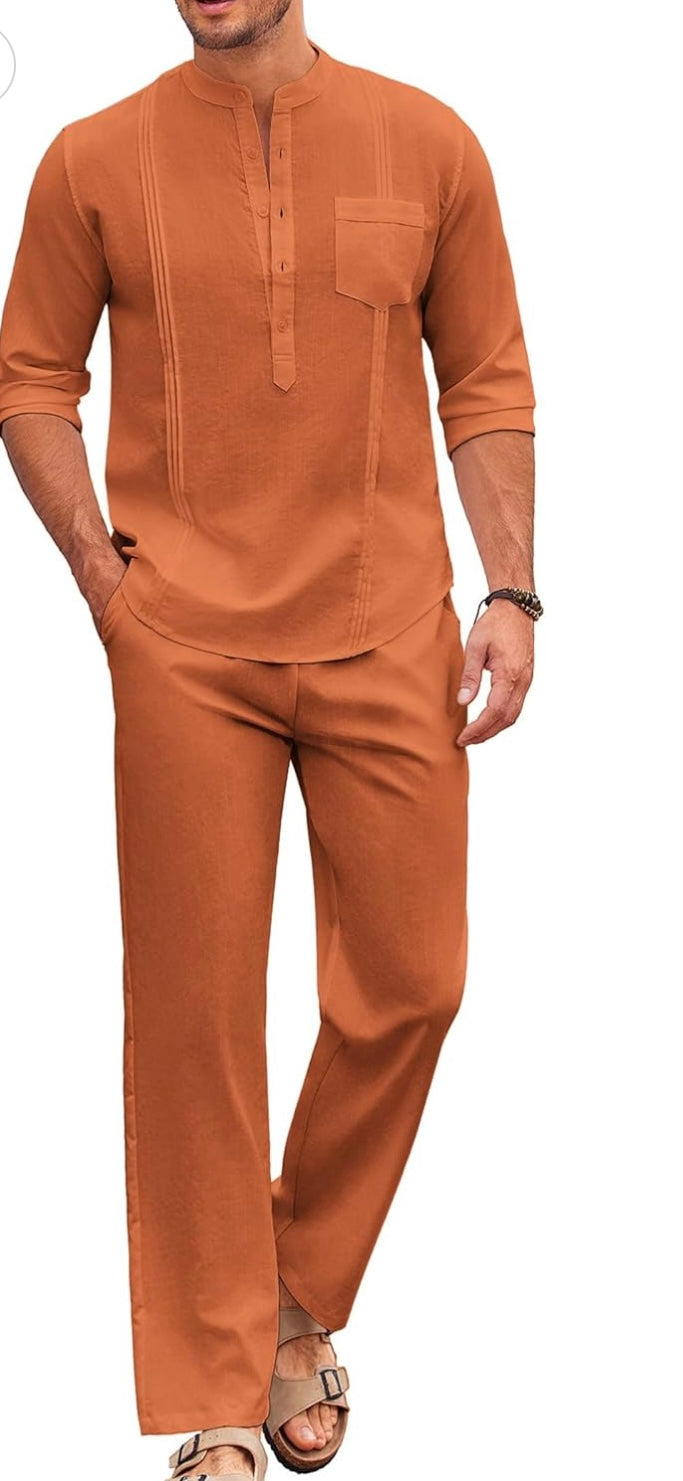 Conjuntos de algodón de 2 piezas para hombre, camisa Henley cubana informal de manga larga y conjunto de pantalones holgados, atuendos para vacaciones en la playa