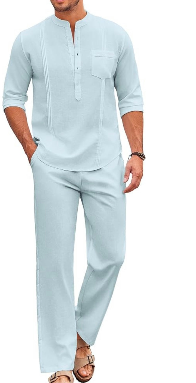 Conjuntos de algodón de 2 piezas para hombre, camisa Henley cubana informal de manga larga y conjunto de pantalones holgados, atuendos para vacaciones en la playa