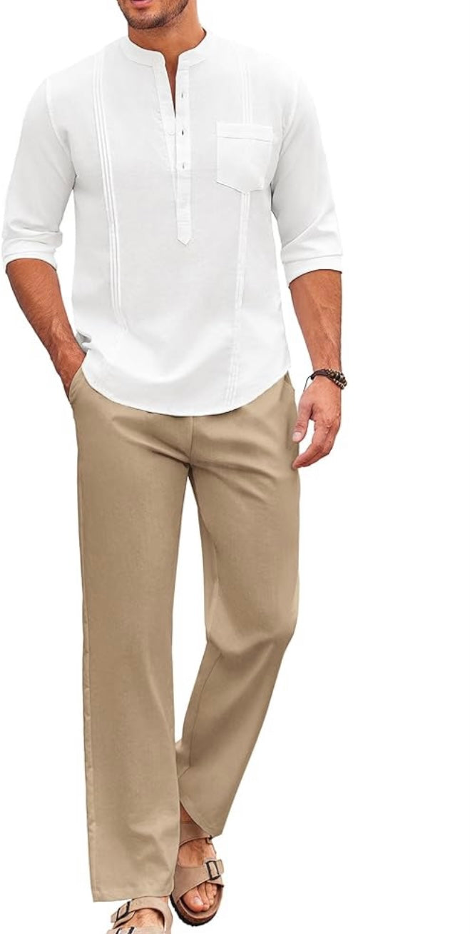 Conjuntos de algodón de 2 piezas para hombre, camisa Henley cubana informal de manga larga y conjunto de pantalones holgados, atuendos para vacaciones en la playa