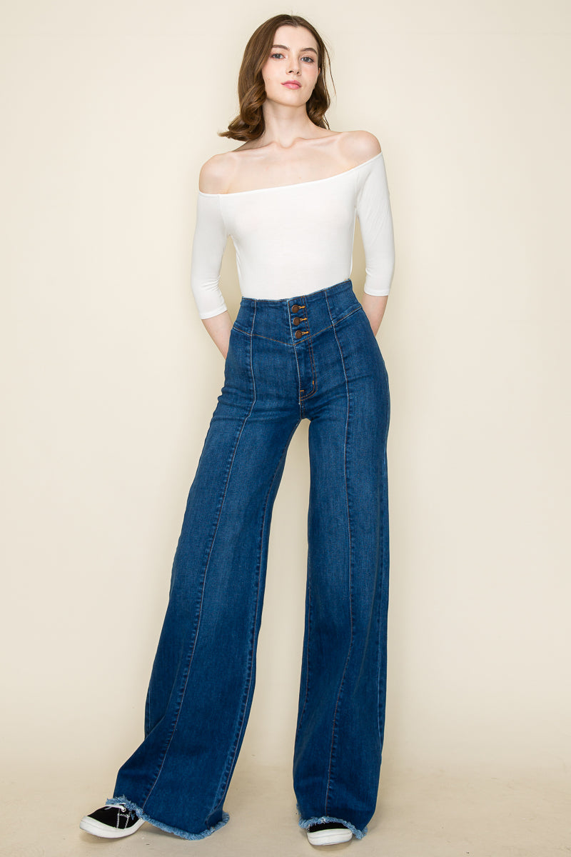 PW508 Front Seam Wide Leg Jeans Medium Wash