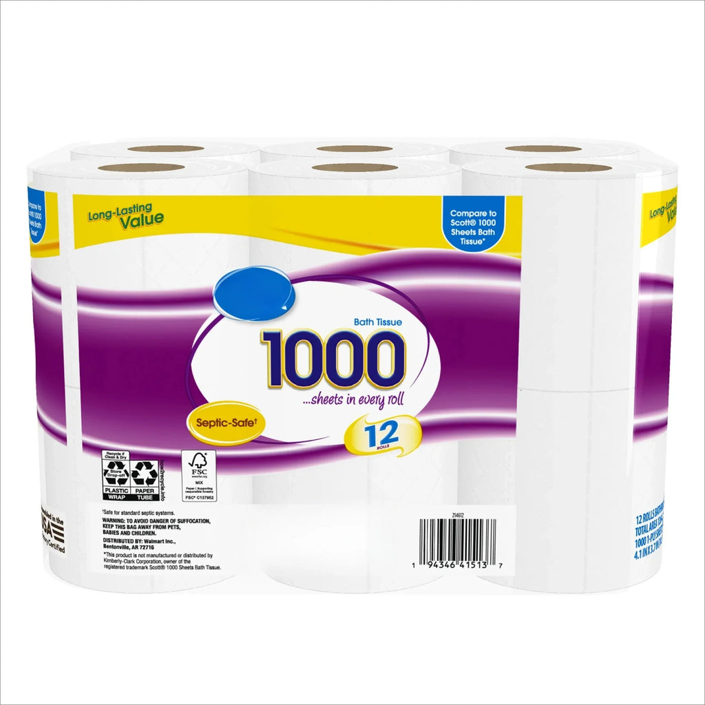 Papel higiénico de 1000 hojas por rollo, 12 rollos, similar al papel de baño Scott de 1000 hojas