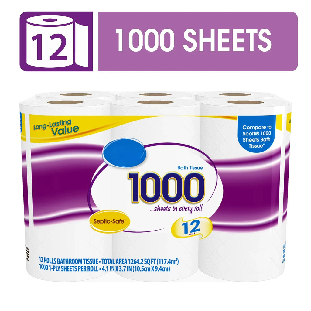 Papel higiénico de 1000 hojas por rollo, 12 rollos, similar al papel de baño Scott de 1000 hojas