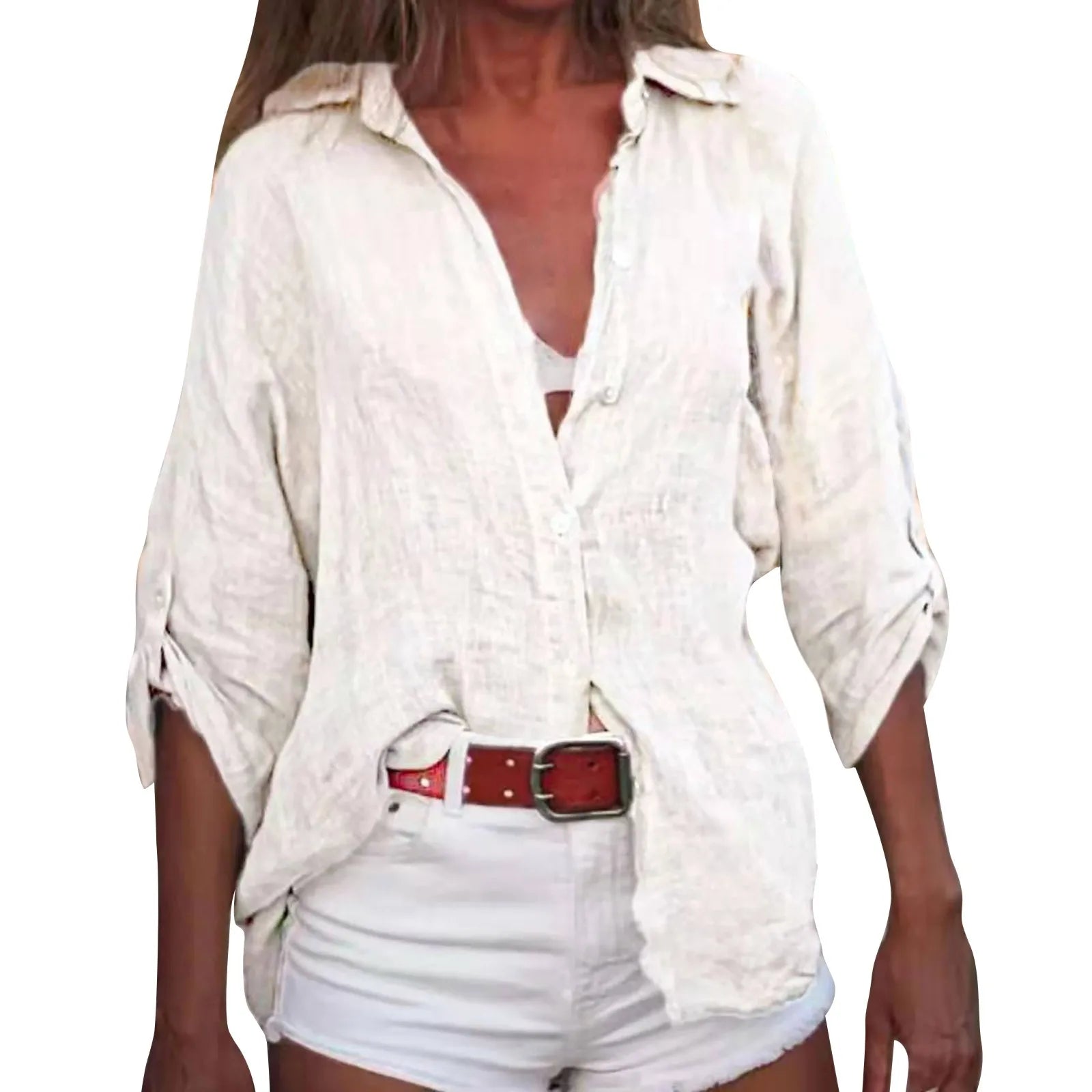 Camisas Blusas de Lino y Algodón Verano Color Liso Manga Corta con Botones
