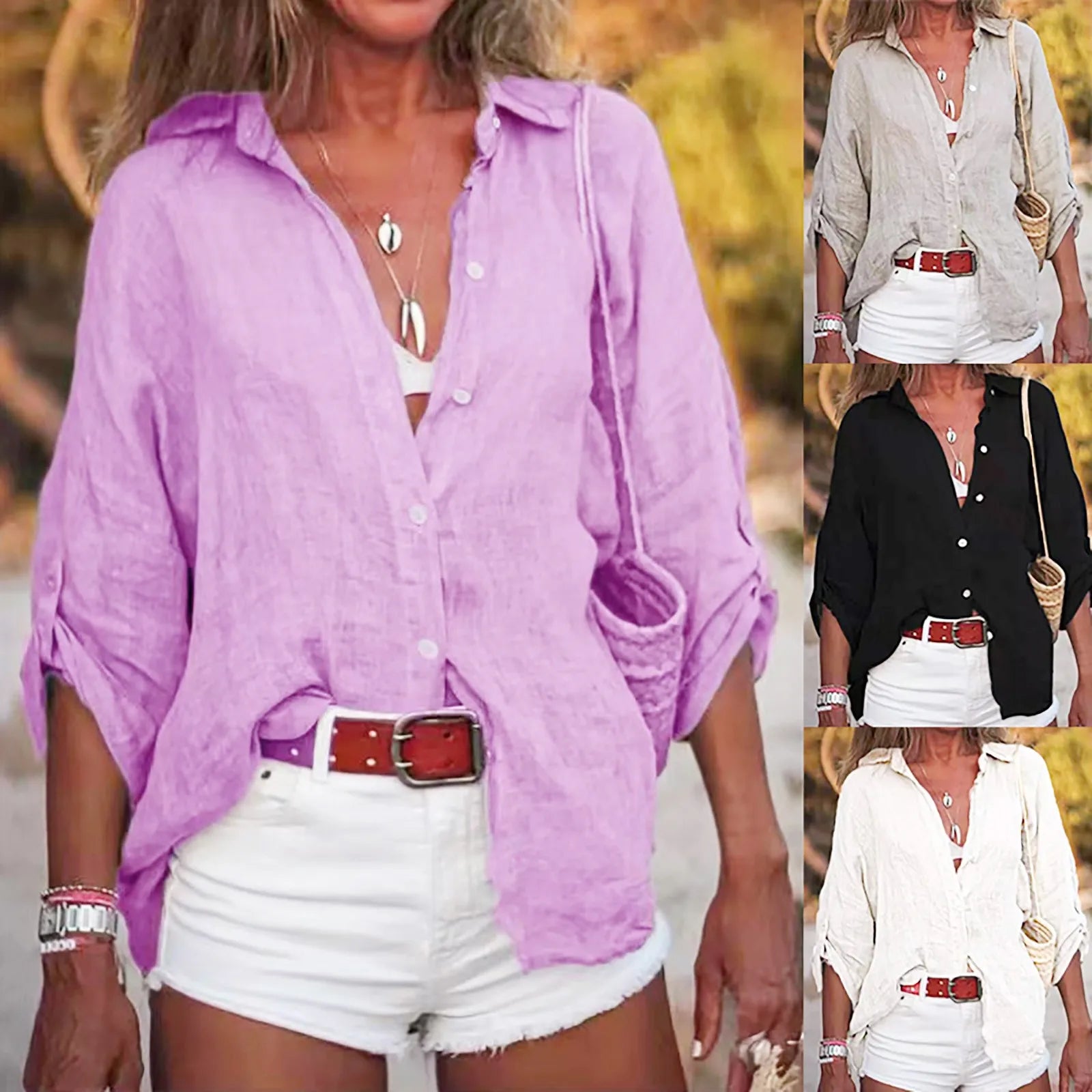 Camisas Blusas de Lino y Algodón Verano Color Liso Manga Corta con Botones