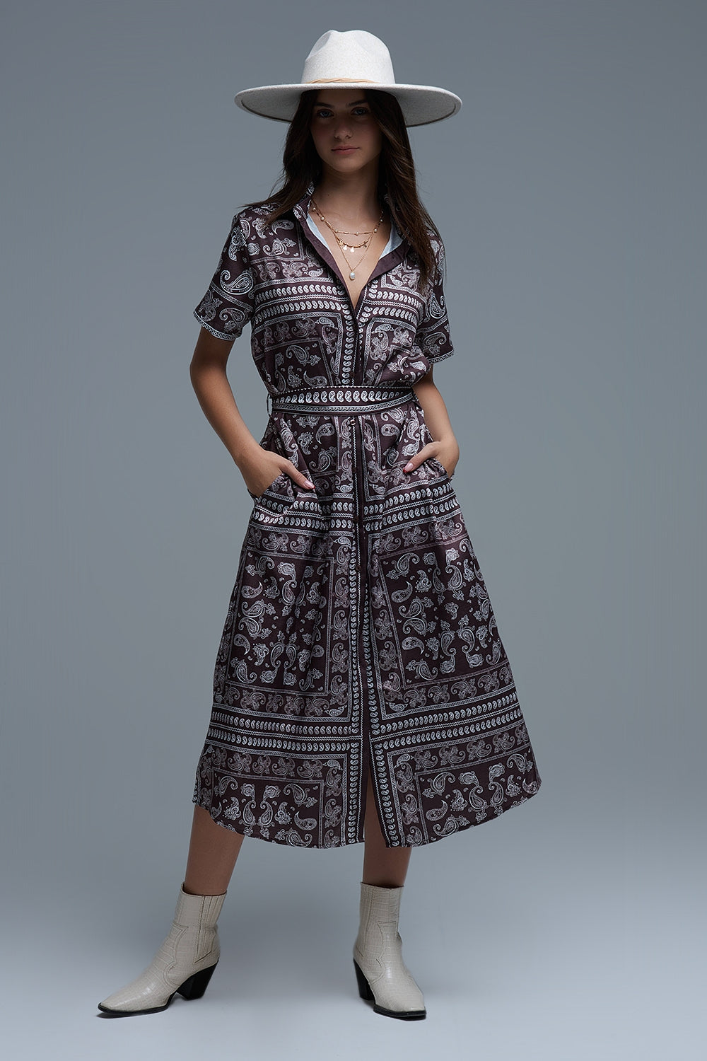Short Sleeve Paisley Print Shirt Dress in brown