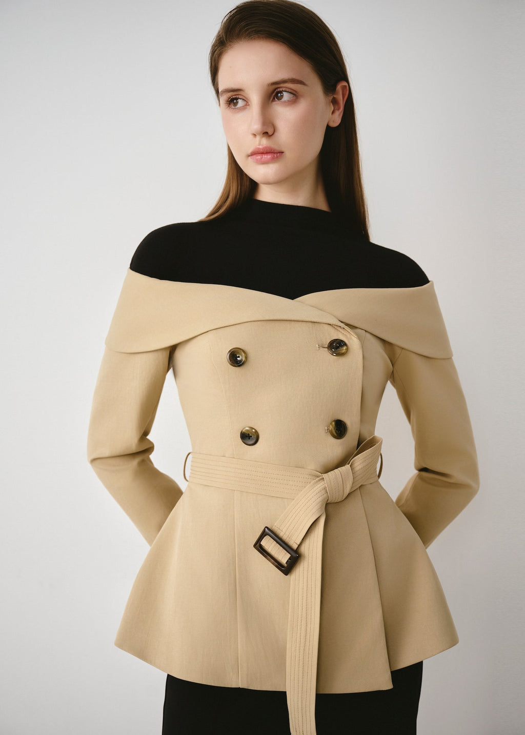 Off-Shoulder Belted Trench Jacket