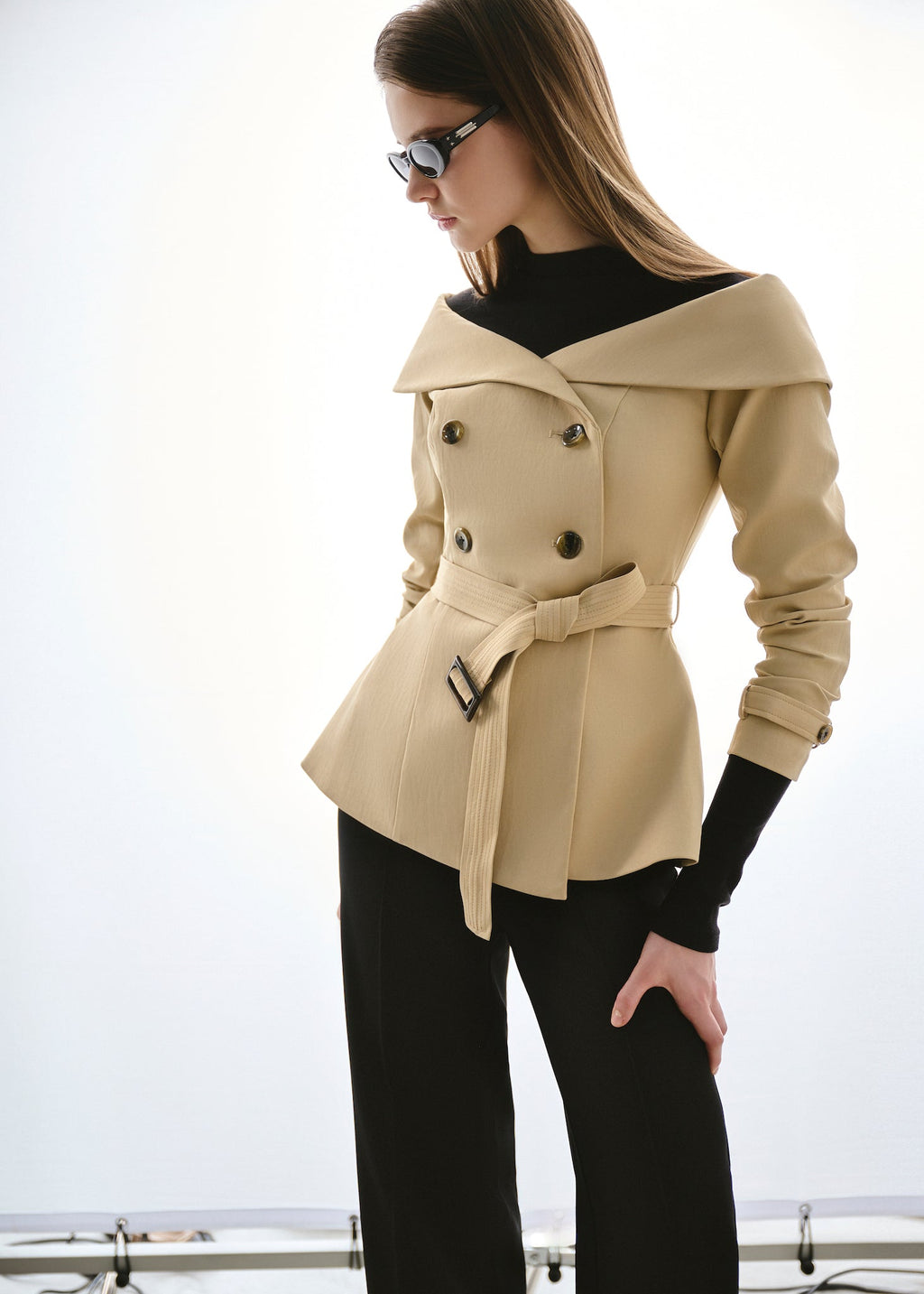 Off-Shoulder Belted Trench Jacket