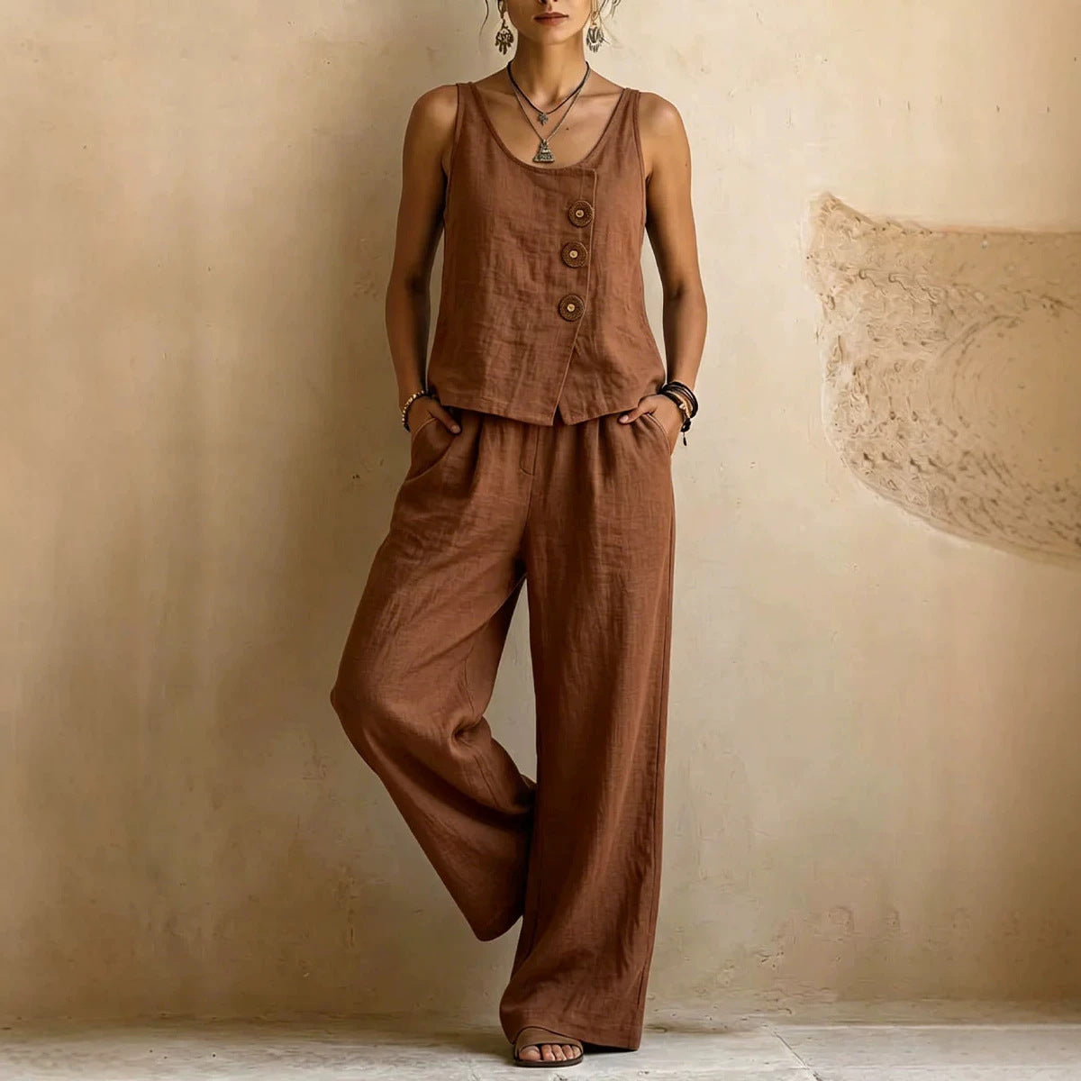 Conjunto de dos piezas de top sin mangas y pantalón de lino y algodón para mujer