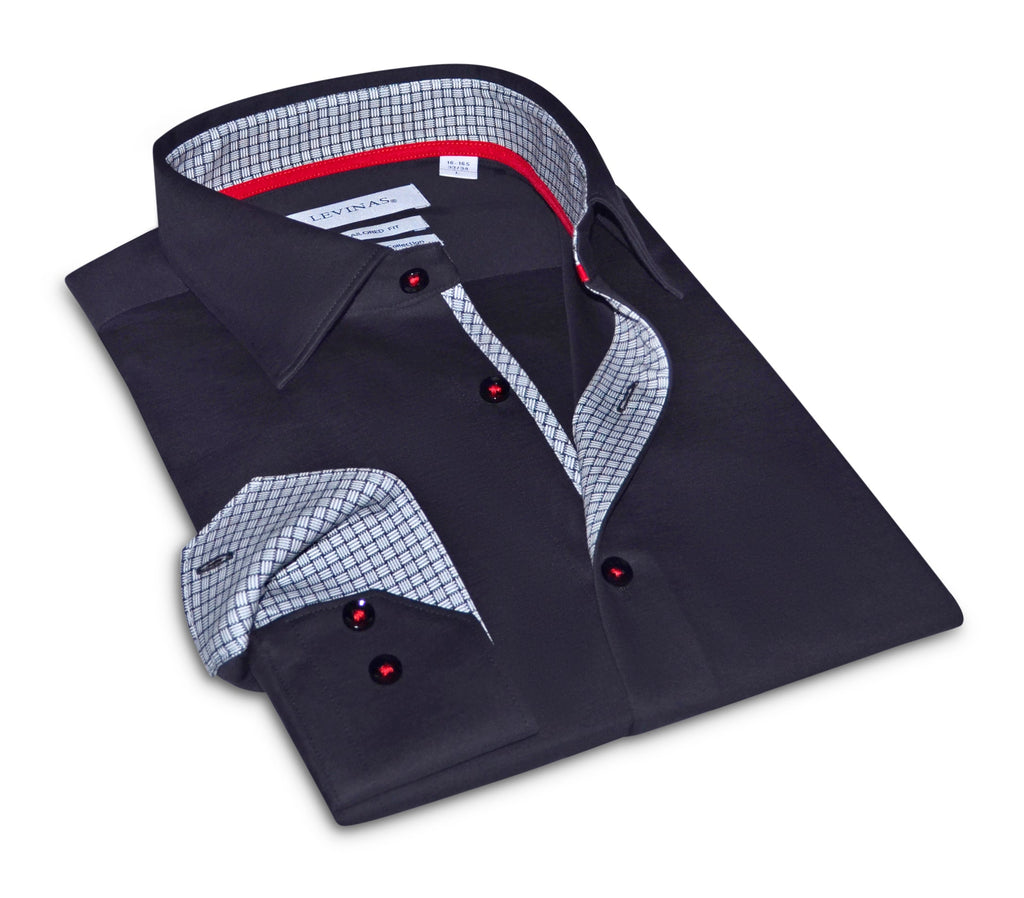 Donny// Cotton Knit-Stretch Button-Up Shirt With Contrast Details // Black // Tailored Fit (Fitted)