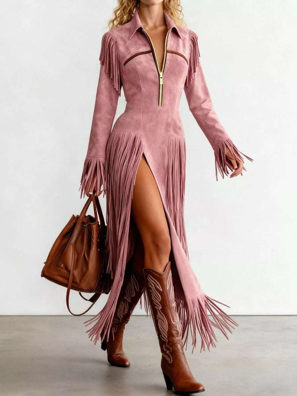 Vestido de ante con flecos y aberturas