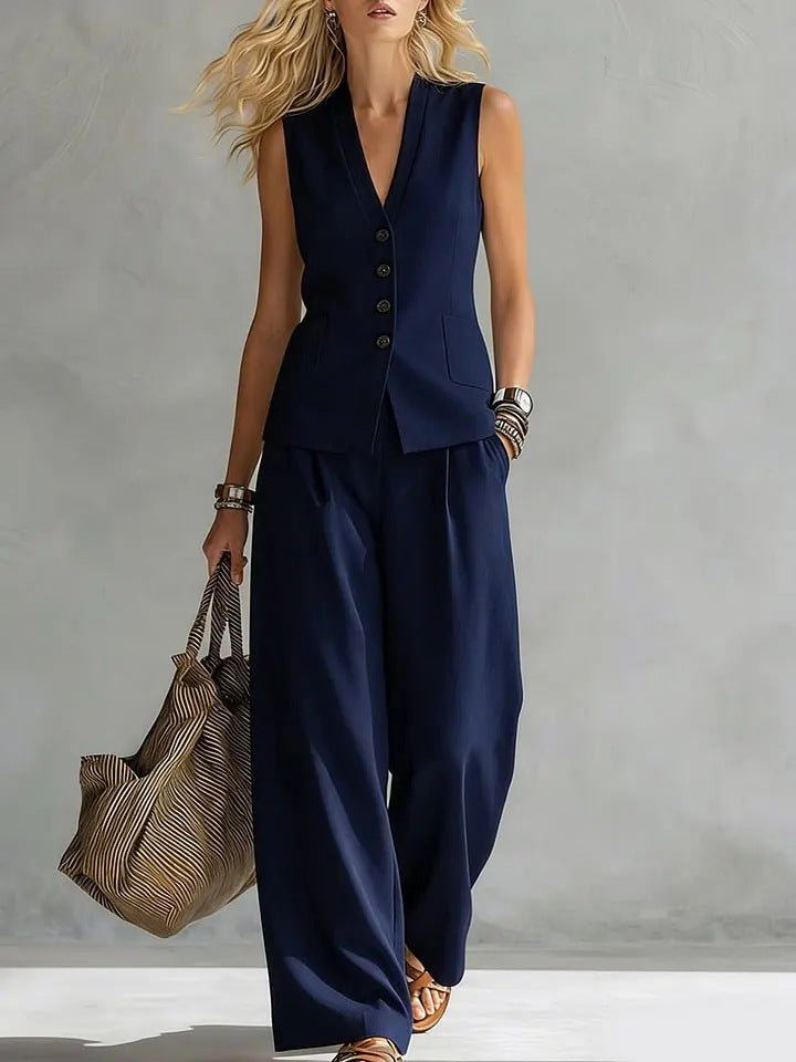 Conjunto de top sin mangas y pantalón largo de lino liso para mujer