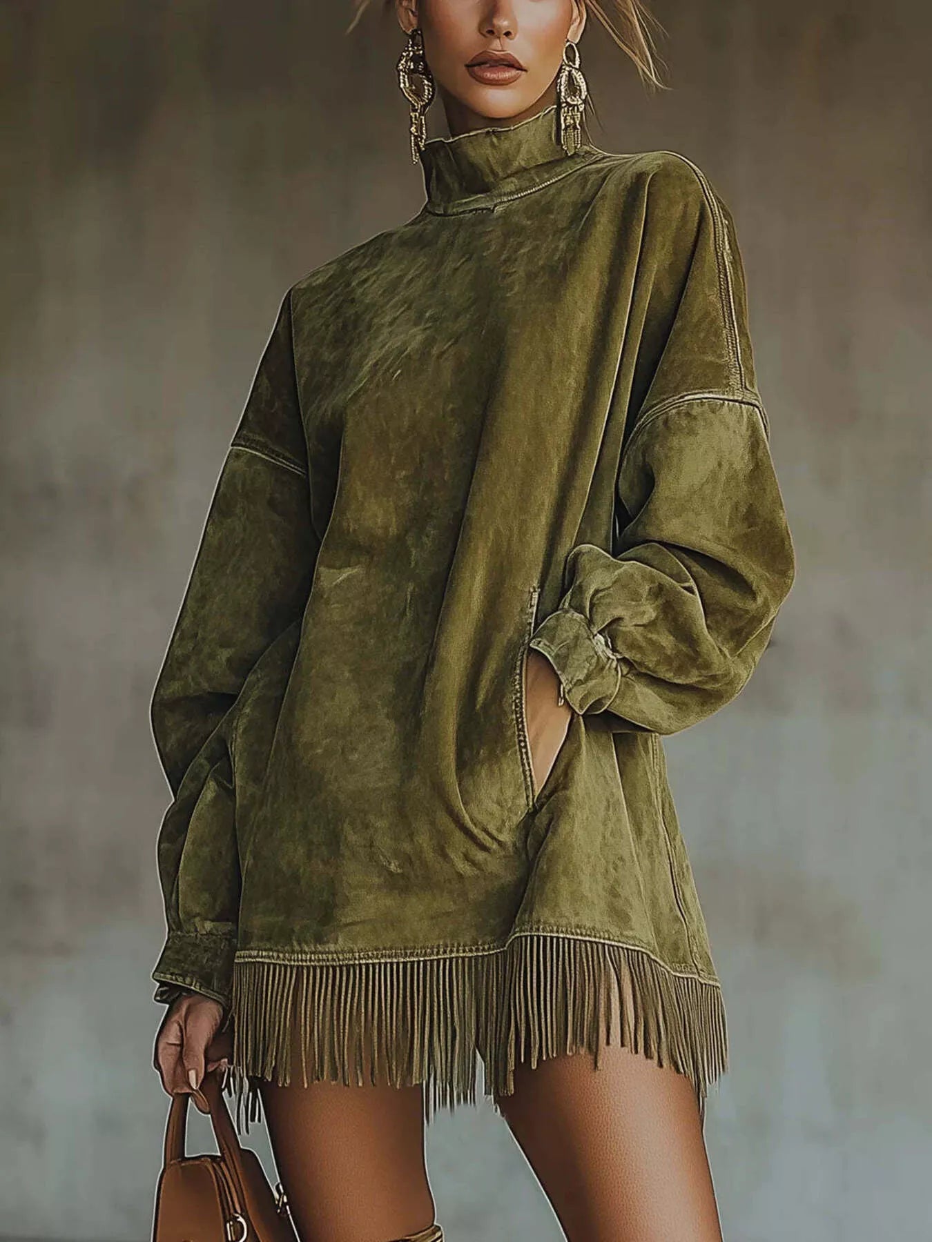 Vestido de manga larga con flecos y cuello alto