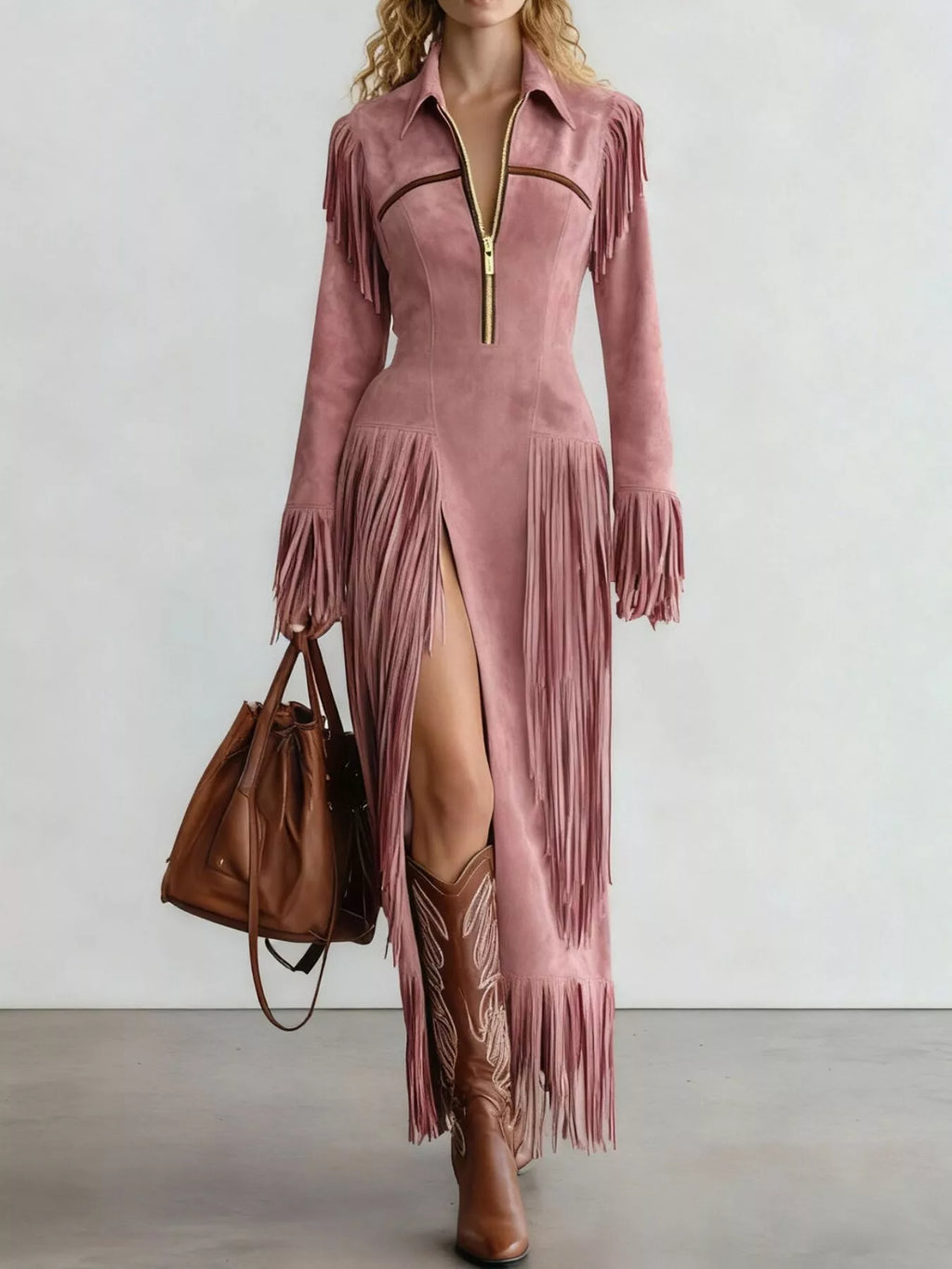 Vestido de ante con flecos y aberturas