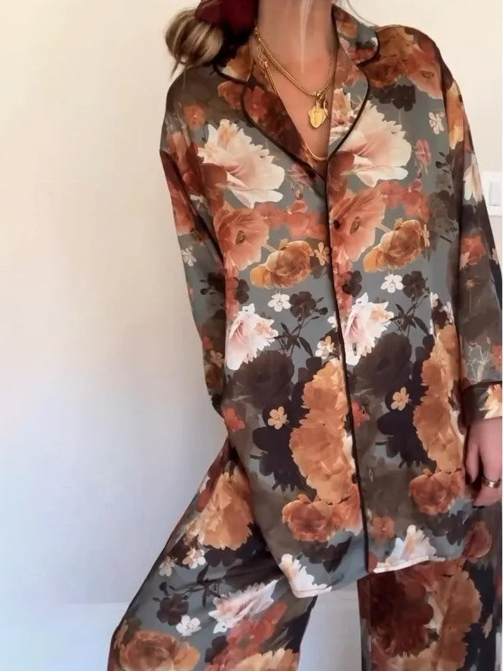 Vintage Floral Print Satin Pajama Set