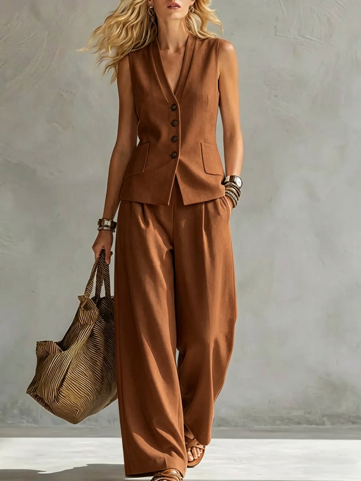 Conjunto de top sin mangas y pantalón largo de lino liso para mujer