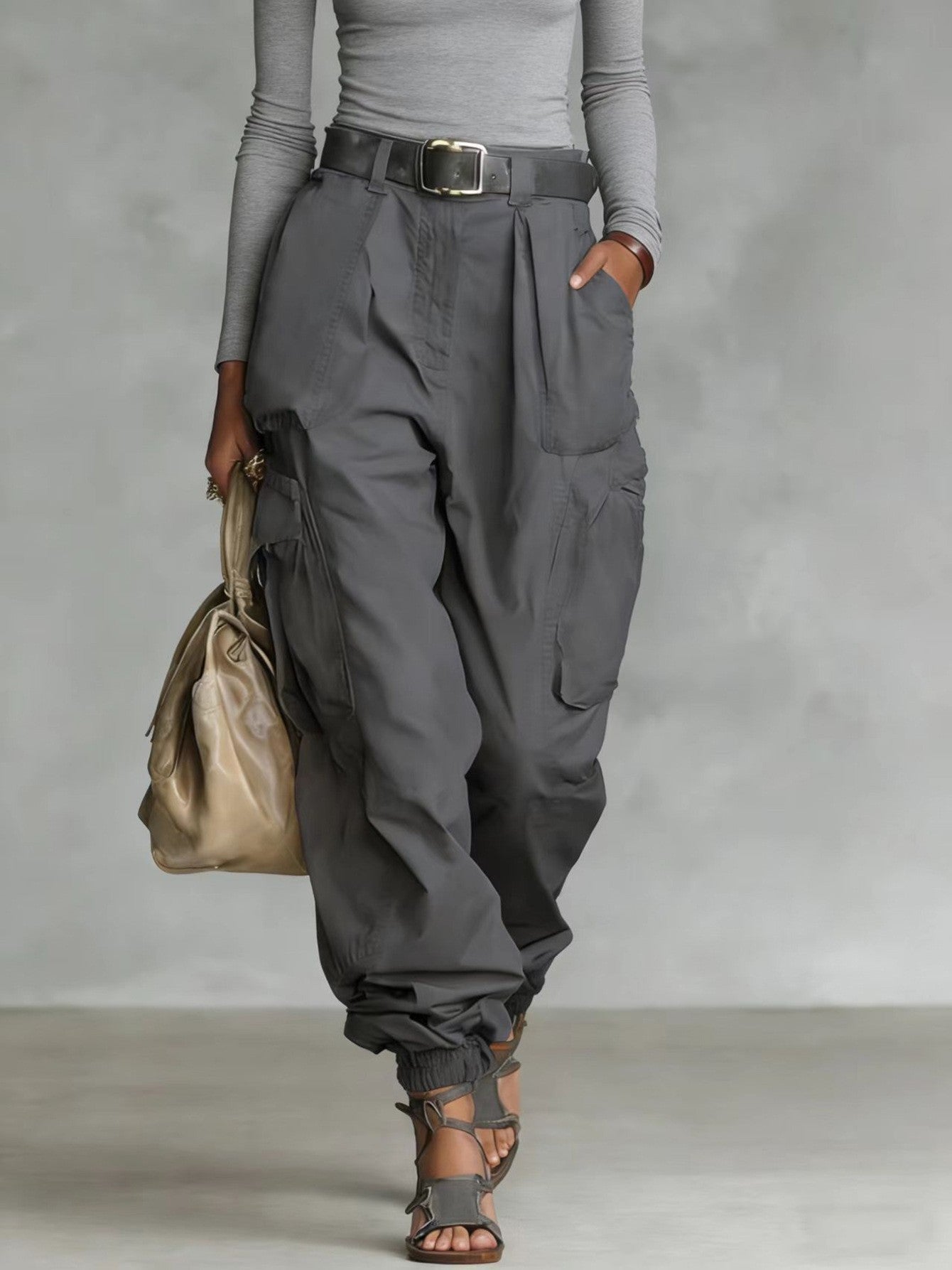 Pantalones casuales de mujer de cintura alta, holgados y de pernera ancha