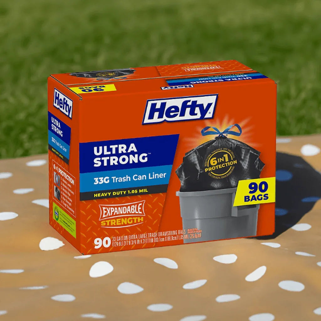 Bolsas de basura Hefty Ultra Strong con cierre de cordón, sin perfume, de 124.9 L, 90 unidades.