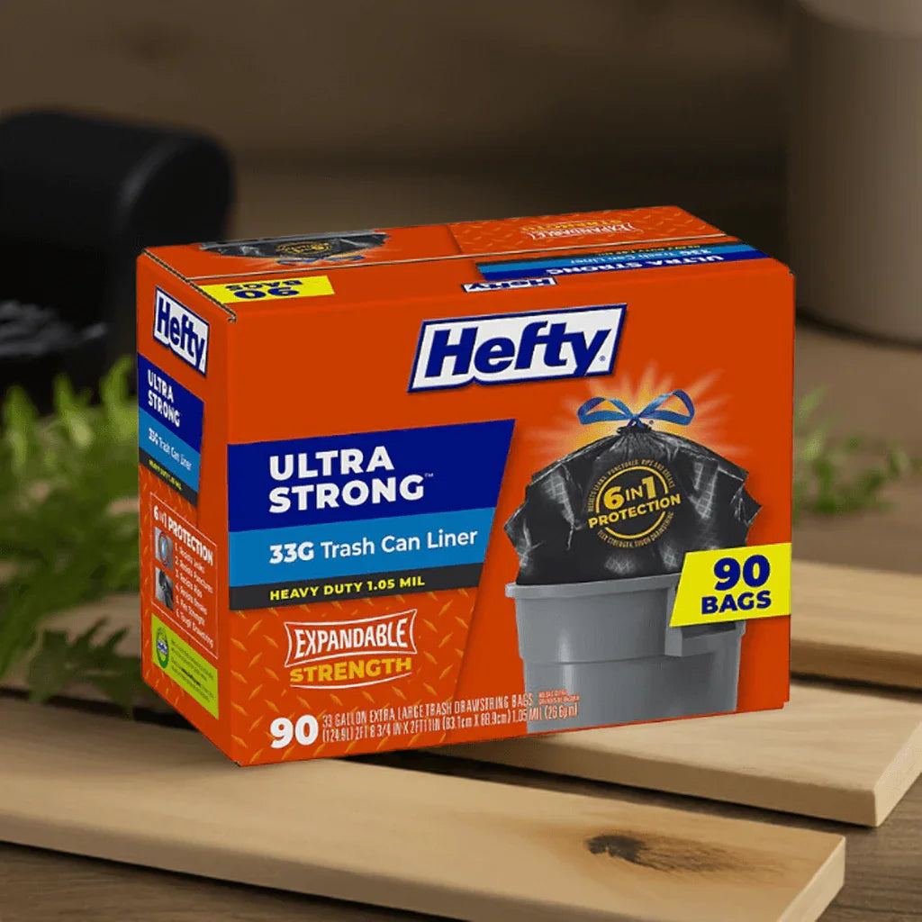 Bolsas de basura Hefty Ultra Strong con cierre de cordón, sin perfume, de 124.9 L, 90 unidades.