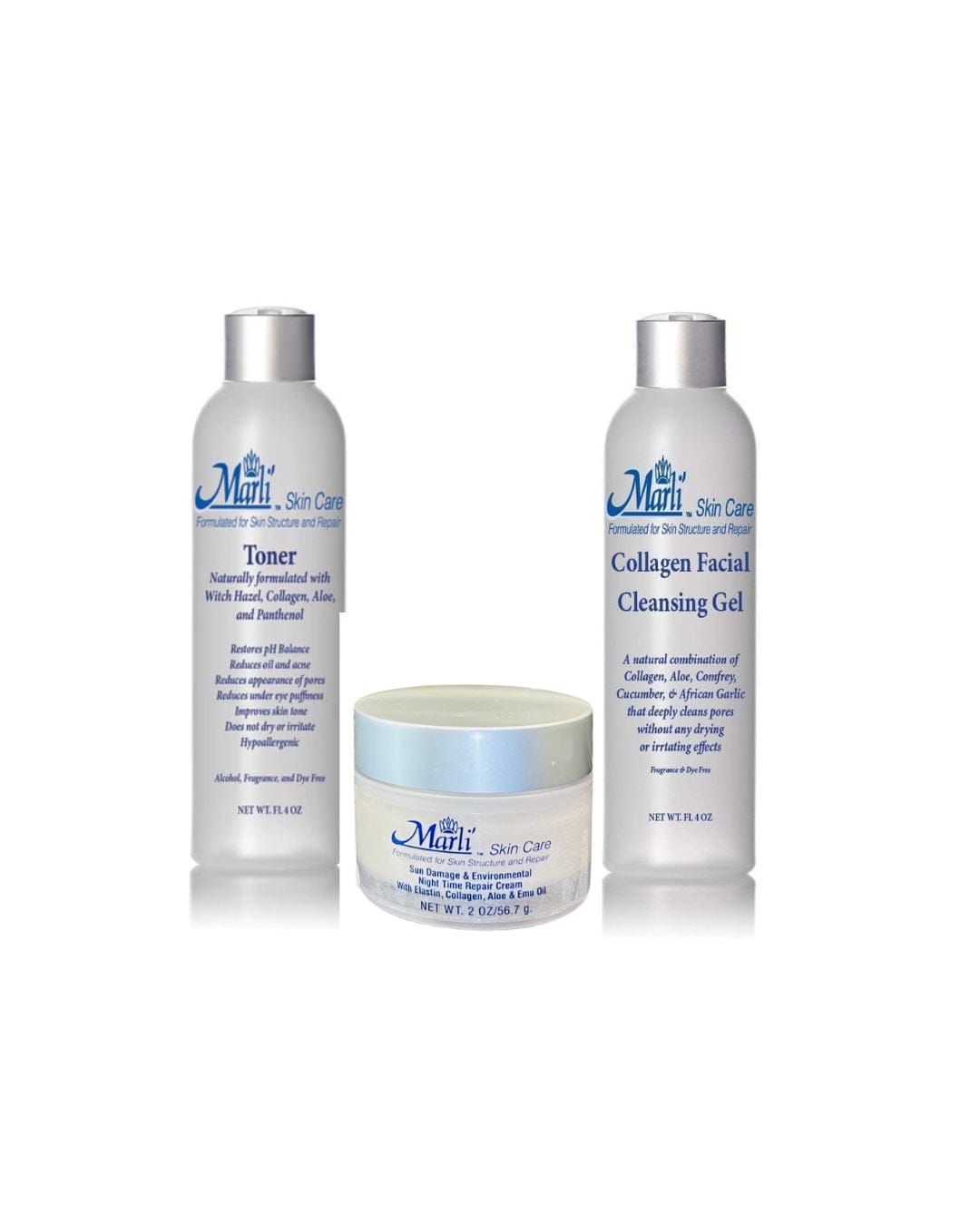 Kit completo para el cuidado de la piel Marli con crema reparadora nocturna para daños solares y ambientales