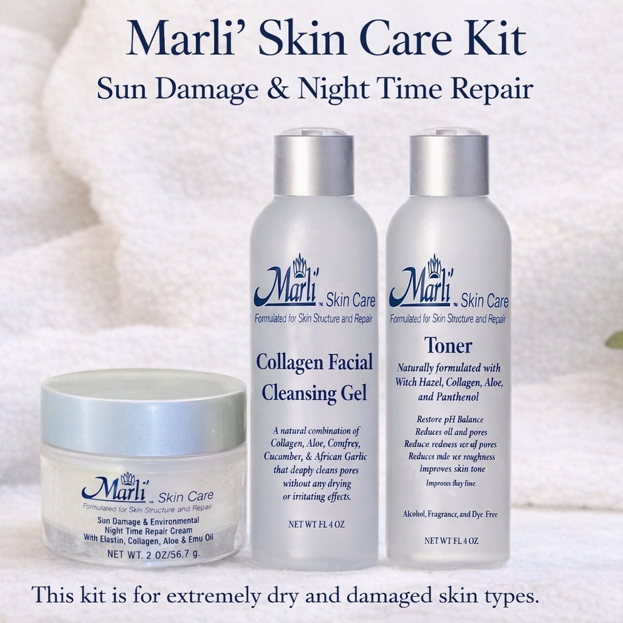 Kit completo para el cuidado de la piel Marli con crema reparadora nocturna para daños solares y ambientales